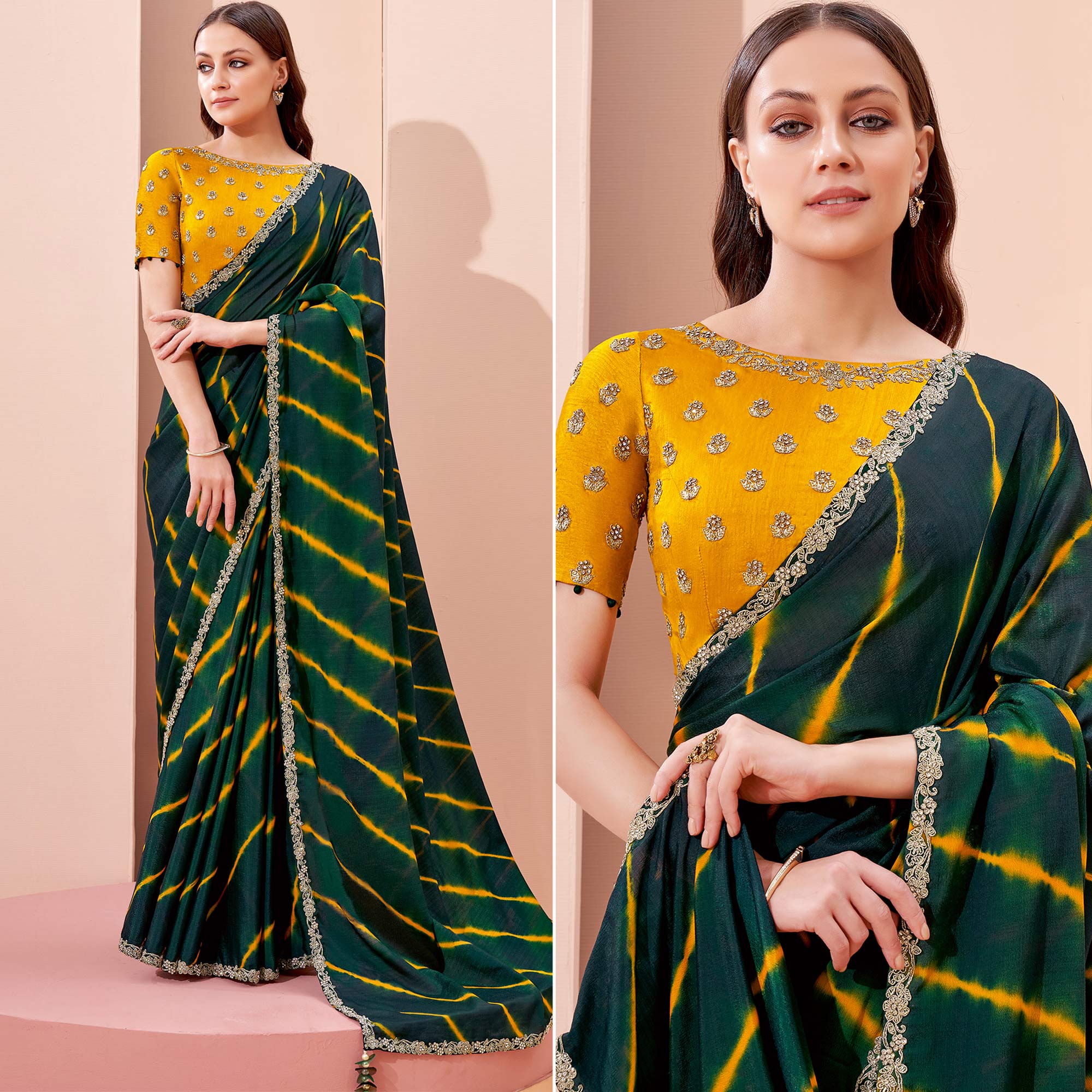 Peachmode Bottle Green Printed With Embroidered Georgette Saree