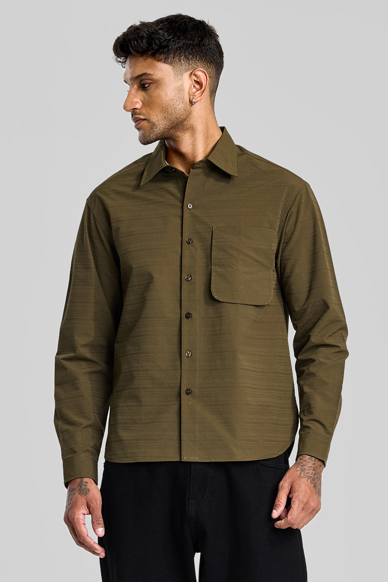 SNITCH Olive Stripes Relaxed Fit Overshirt - view 5