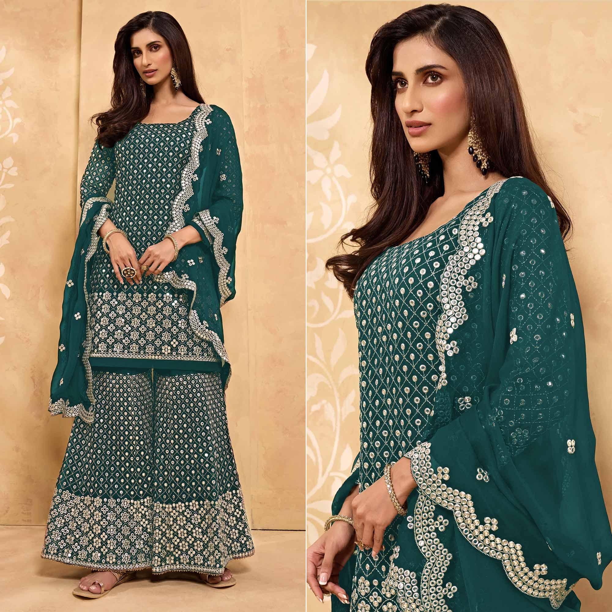 Morpich embroidered embellished – Peachmode Morpich Embroidered With Embellished Georgette Sharara Suit