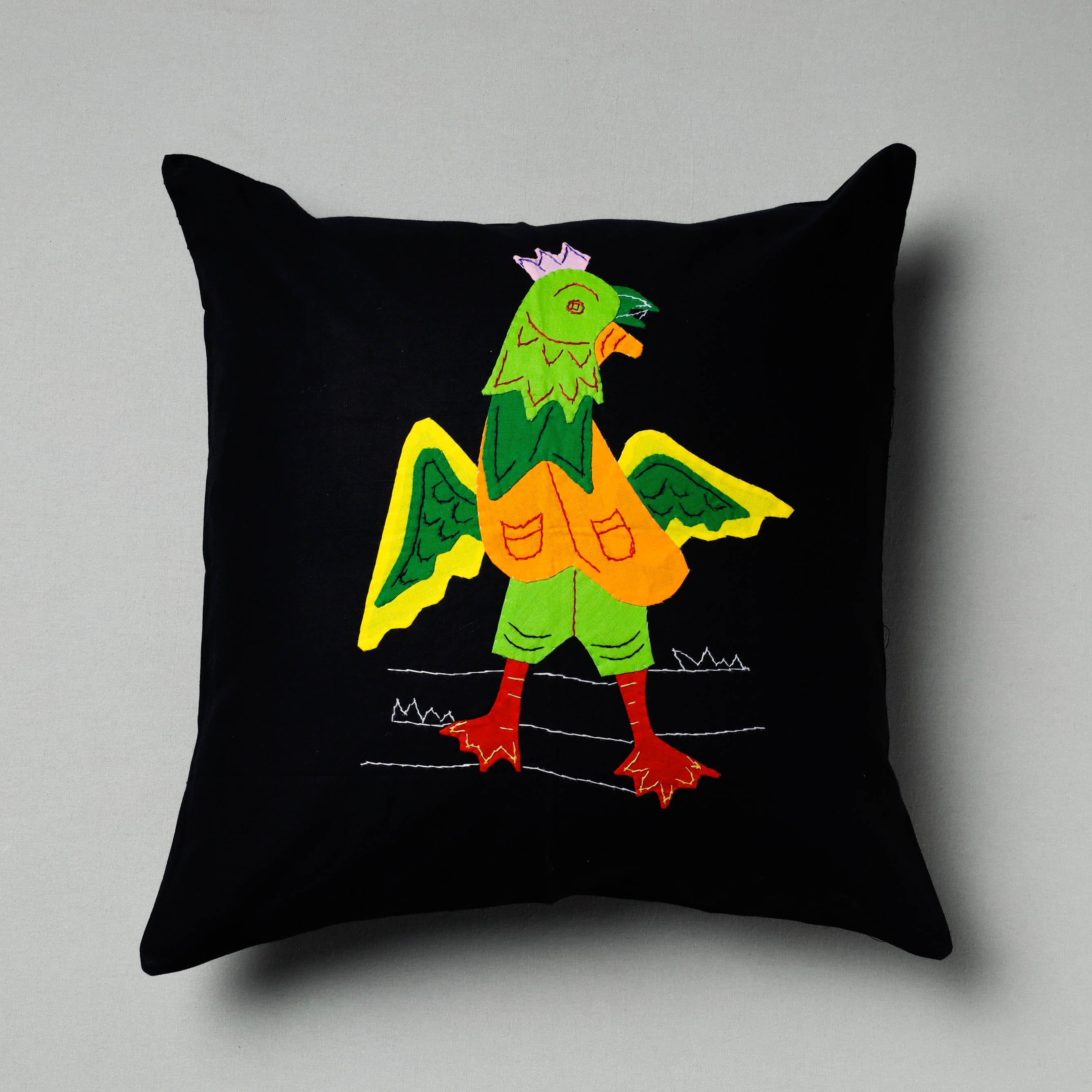 ASHOKA ASSEMBLE - CELEBRATING CRAFTS OF ODISHA Black - Pipli Applique Work Cotton Cushion Cover (16 x 16 in)