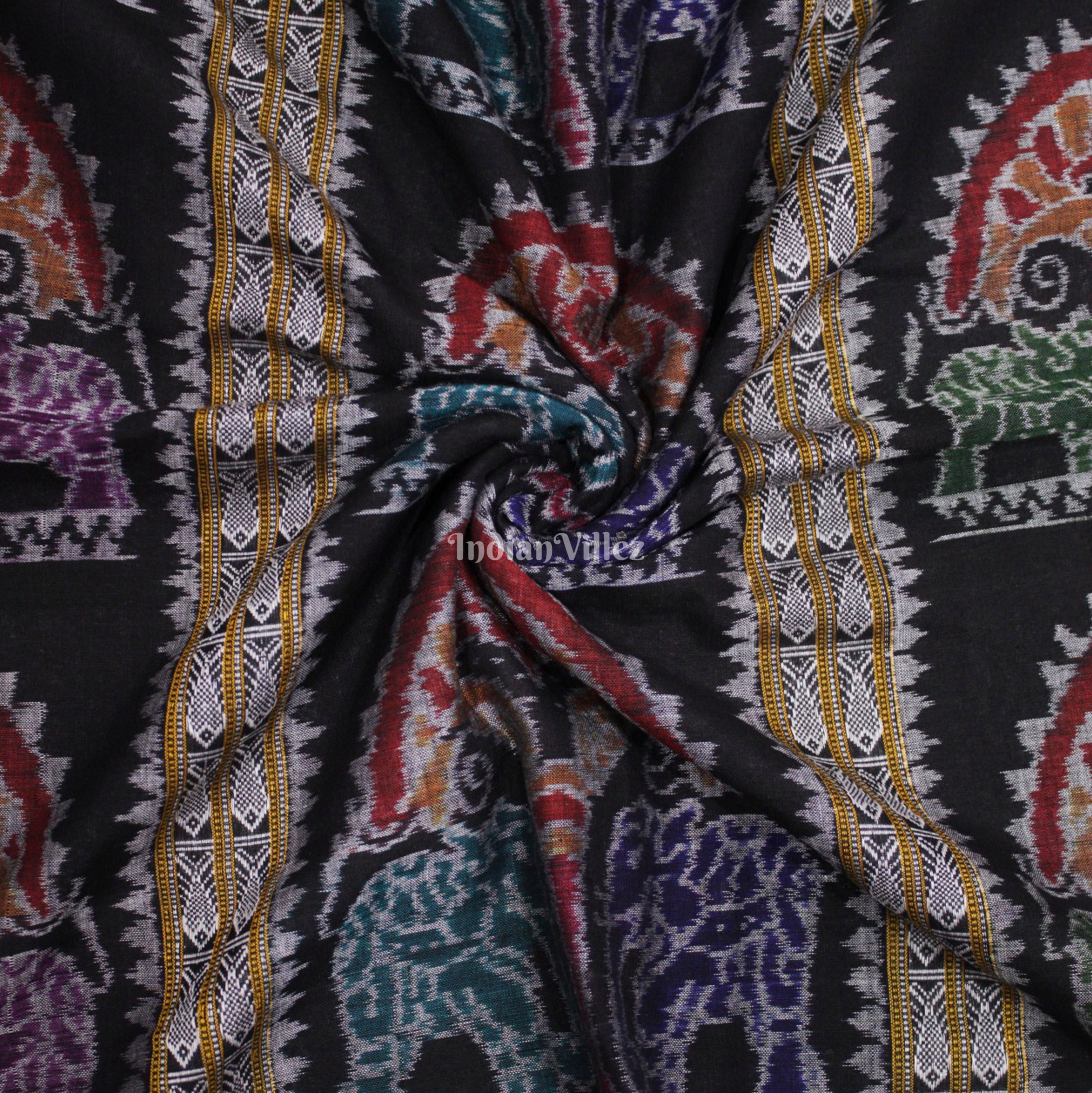 IndianVillèz Black Elephant Design With Fish Motif Sambalpuri Ikat Cotton Fabric