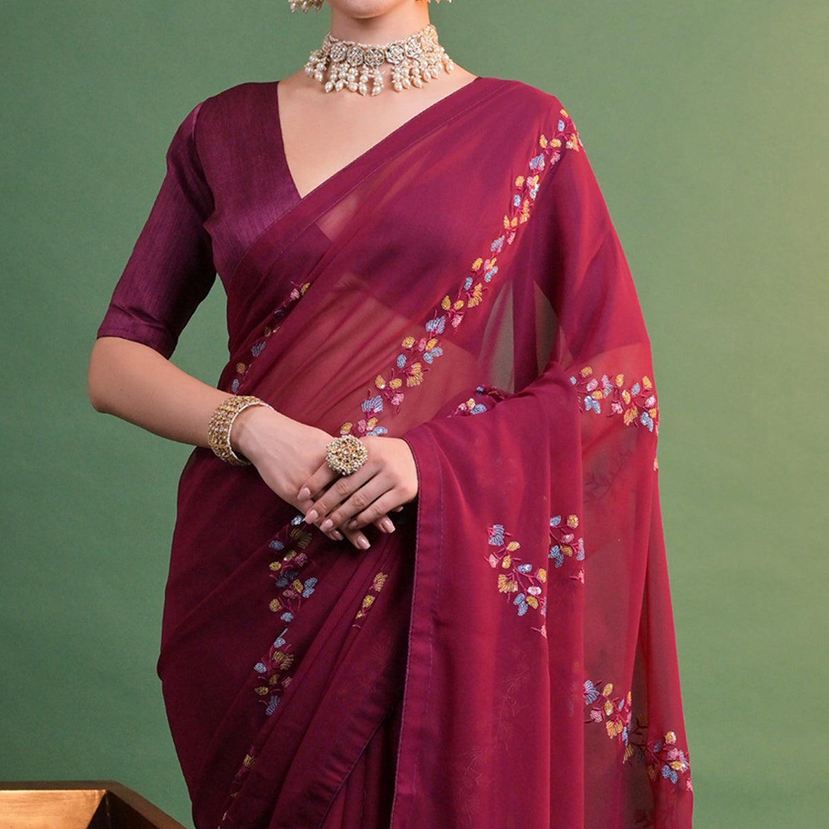 Peachmode Maroon Floral Sequins Embroidered Georgette Saree - view 3
