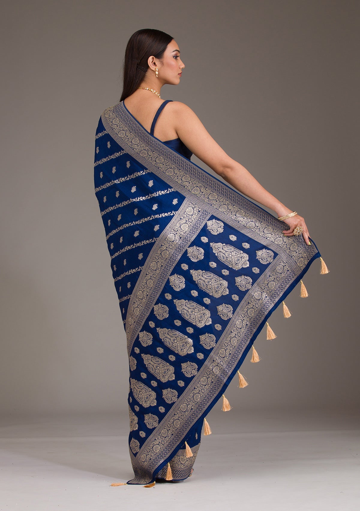 Koskii Navy Blue Zariwork Semi Crepe Saree – Women's - view 2