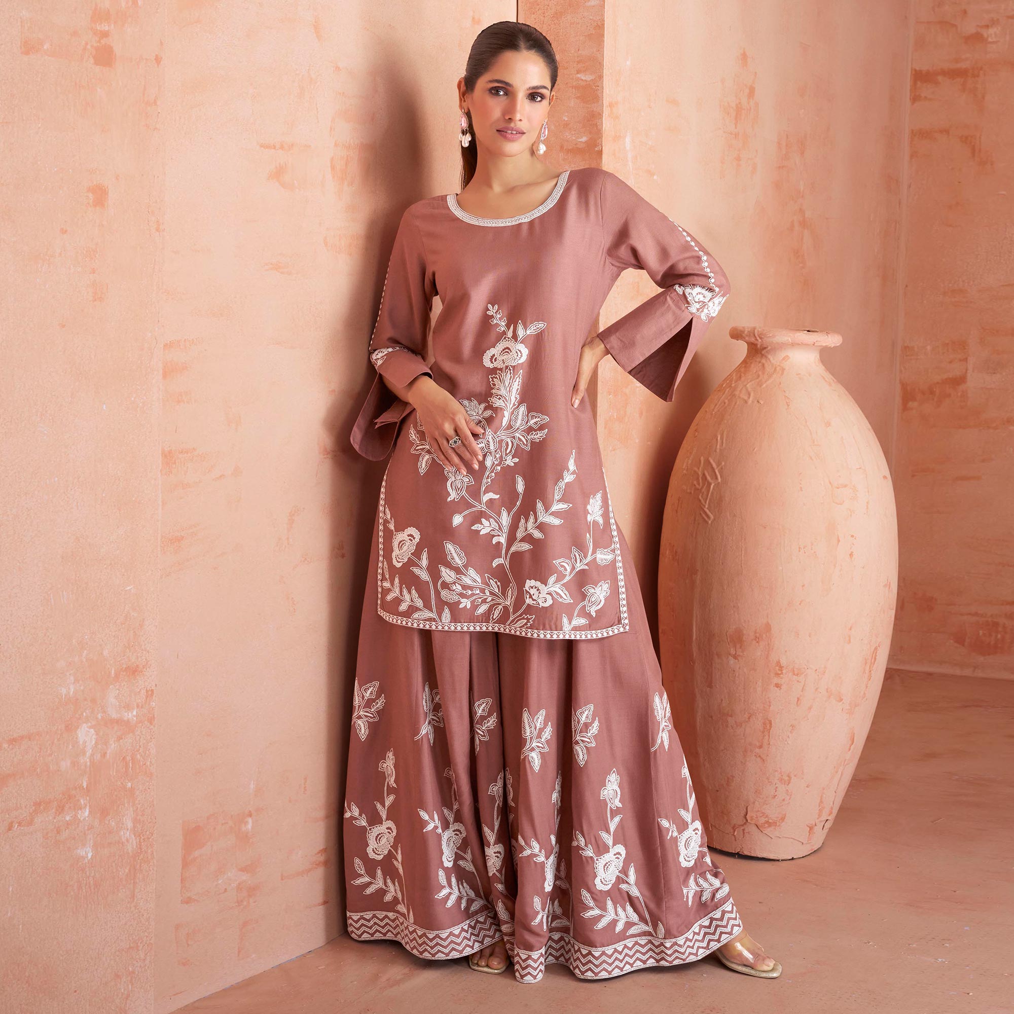 Peachmode Copper Rust Floral Embroidered Rayon Kurti Palazzo Suit - view 2