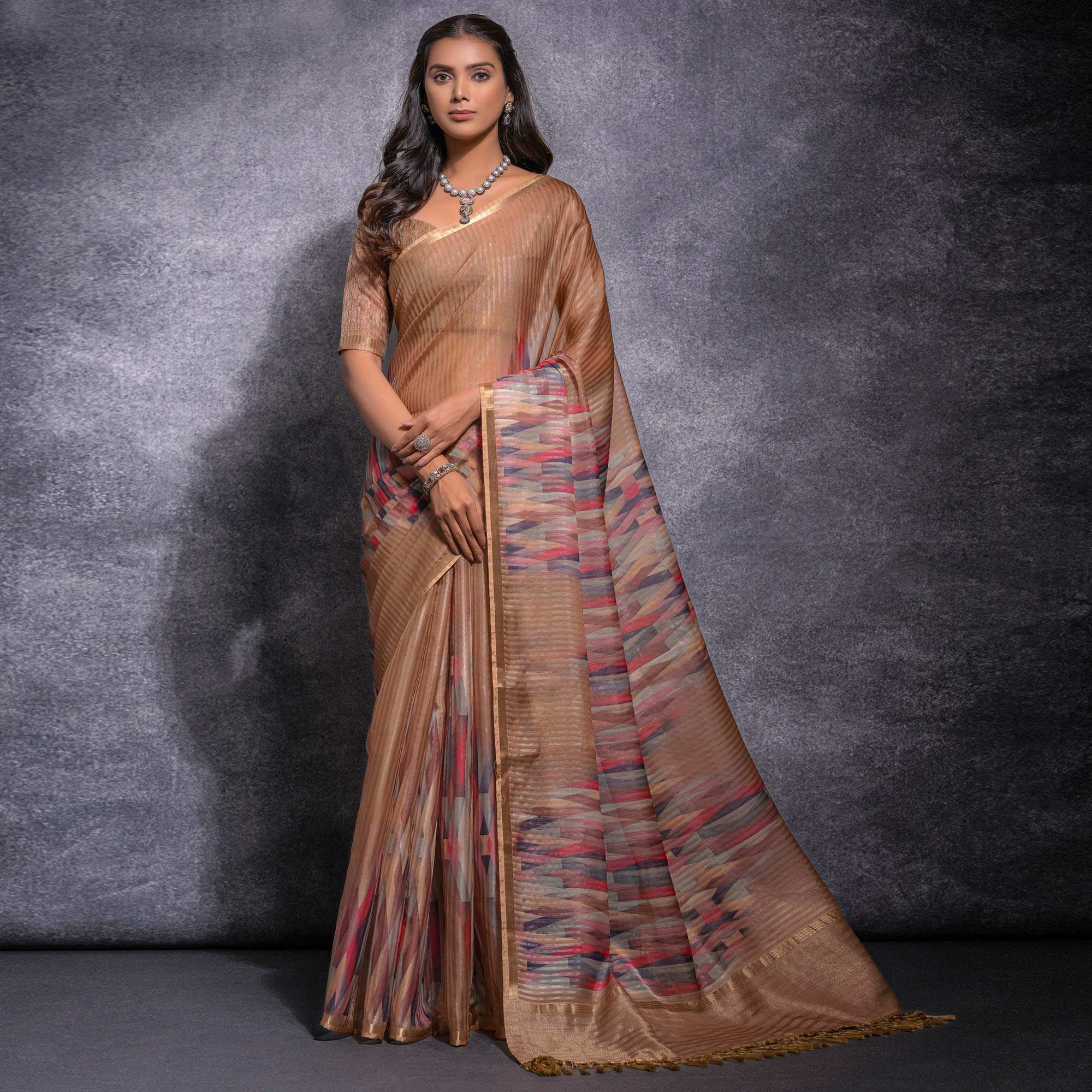 Peachmode Chikoo Digital Printed Linen Saree With Woven Border - view 2