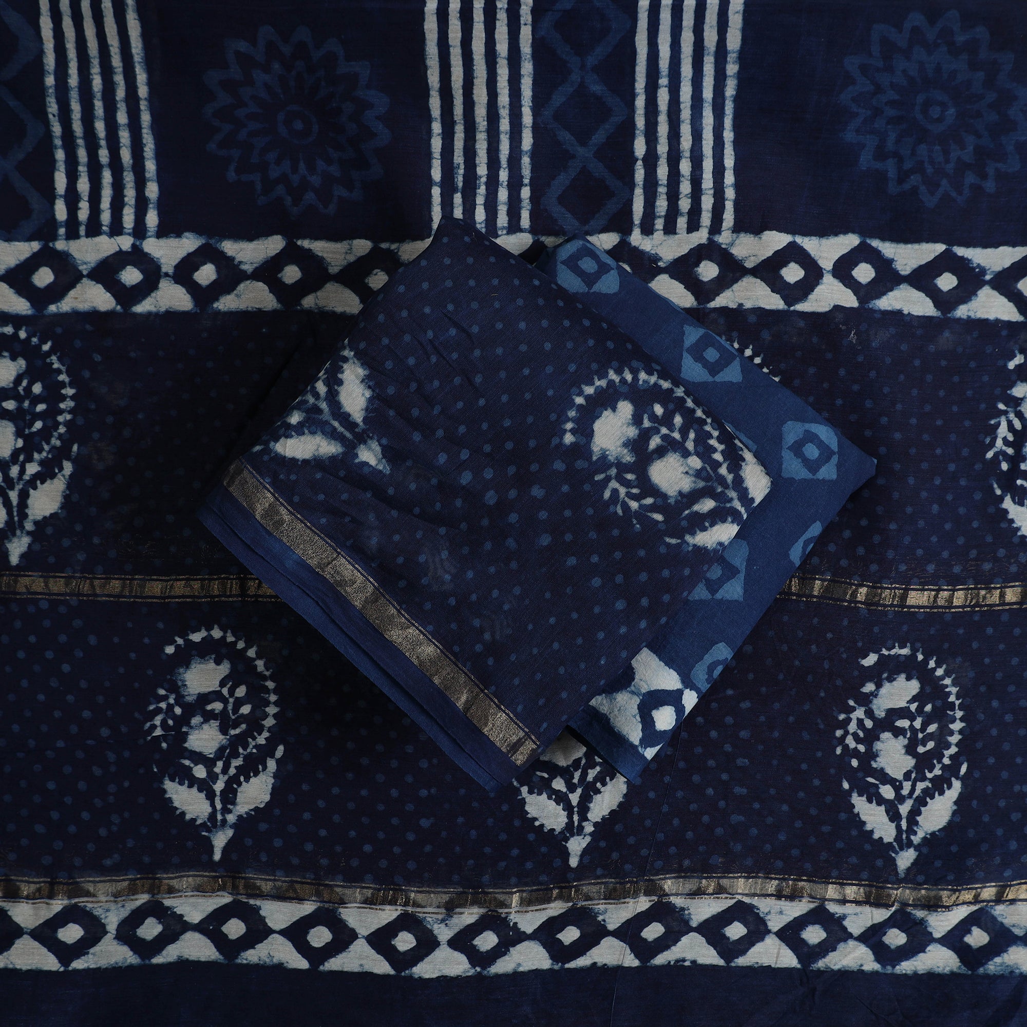 ARTISAN HAND BLOCK PRINTS Blue - 3pc Chanderi Silk Indigo Bagru Print Dress Material 10 - view 2
