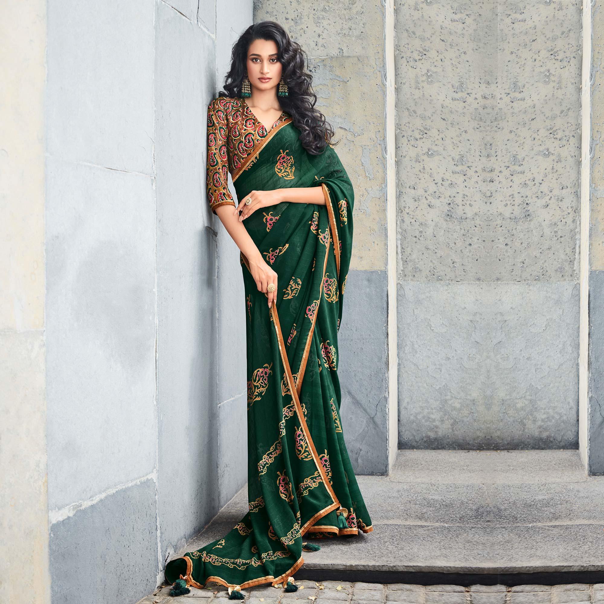 Peachmode Bottle Green Printed With Gota Patti Border Georgette Saree