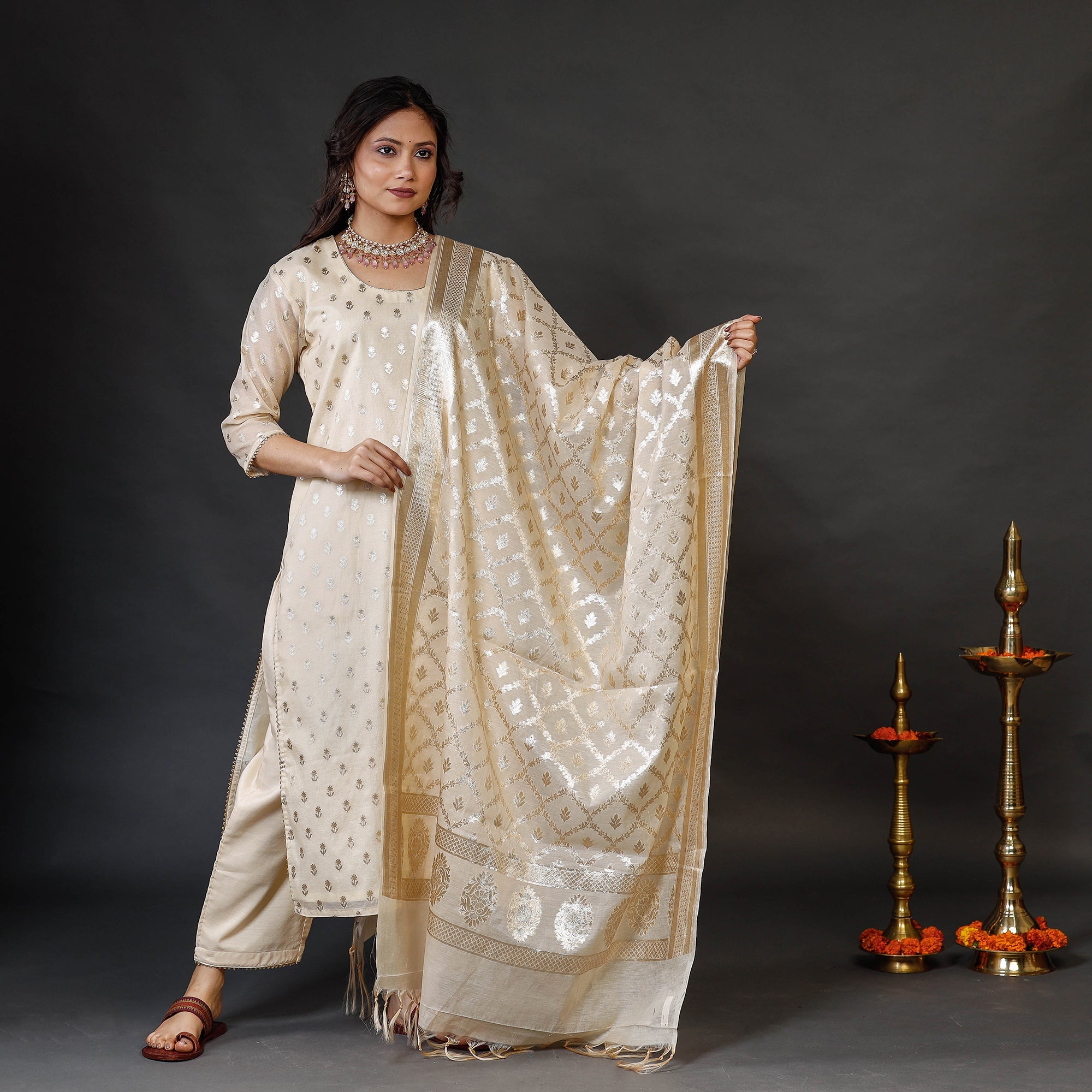 ITOKRI CASUALS Beige - Banarasi Silk Cotton Zari Work Kurta Set