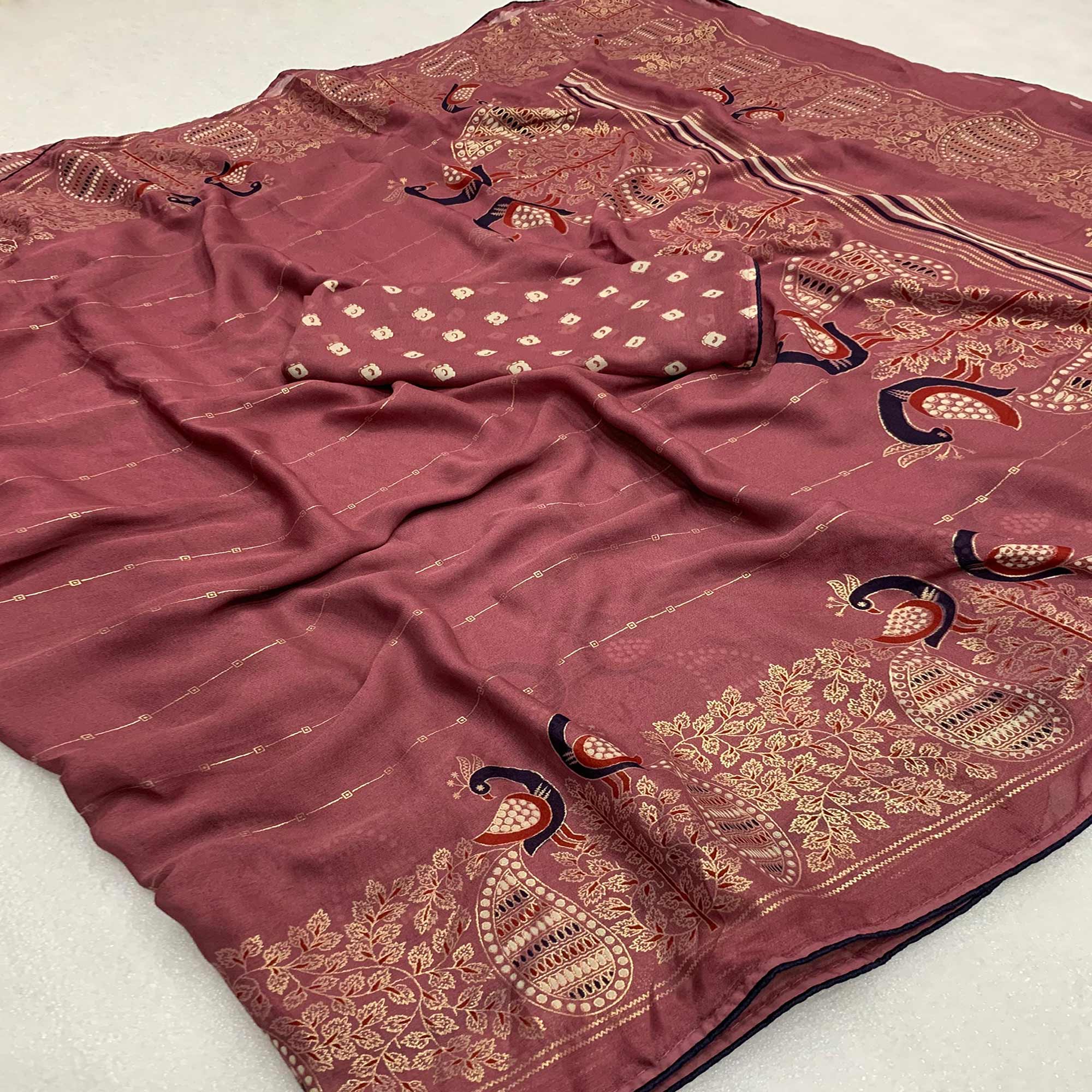 Peachmode Mauve Floral Foil Printed Georgette Saree