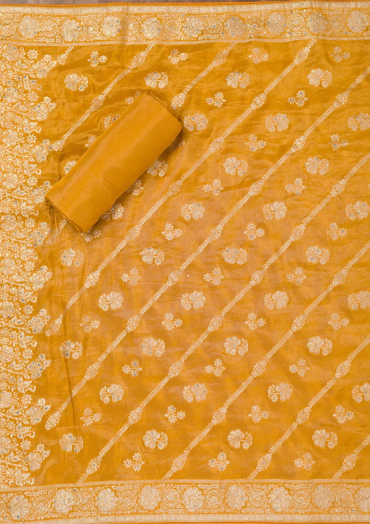 Koskii Mustard Zariwork Semi Crepe Unstitched Salwar Suit - view 5