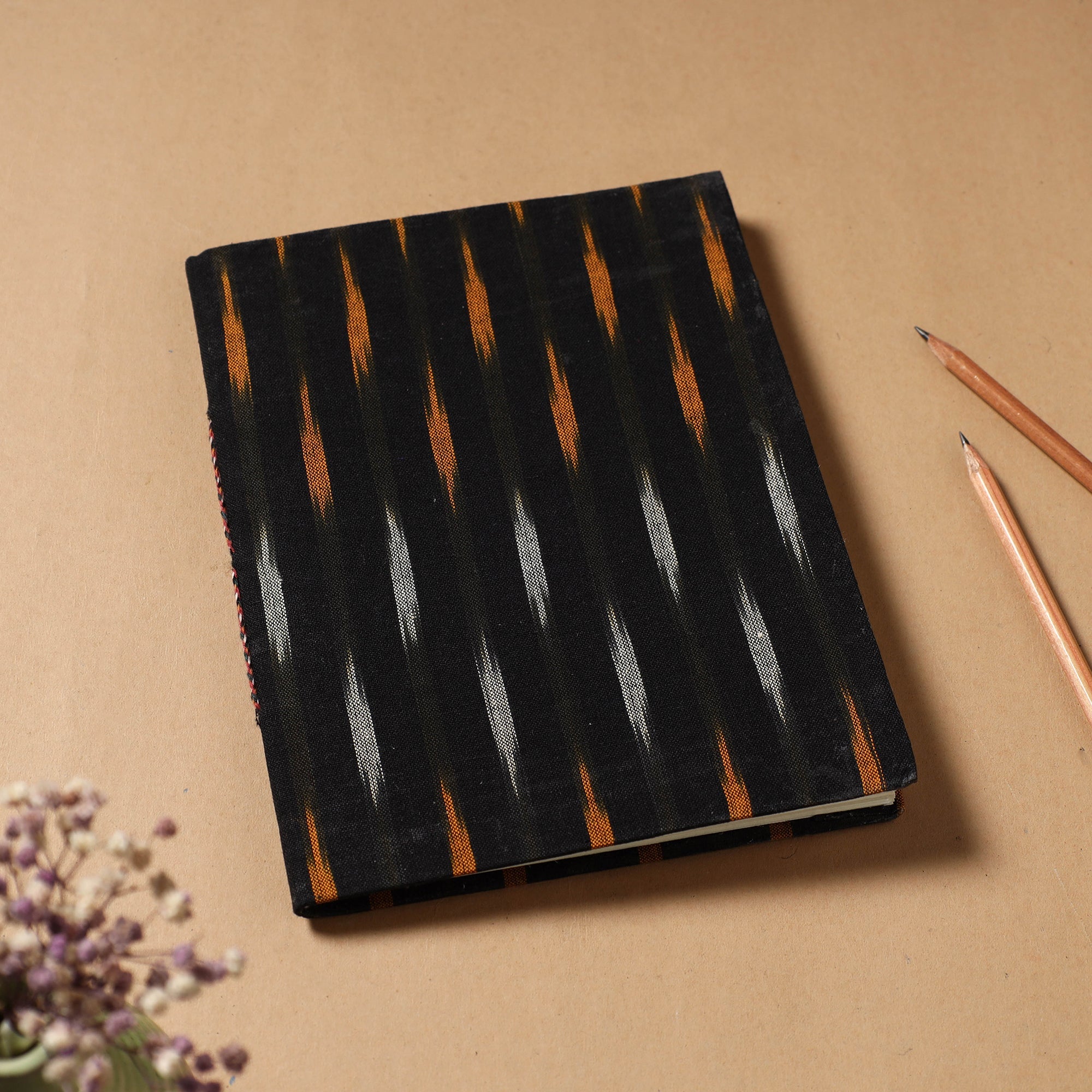 CHUTNEY CRAFT STUDIO Black - Ikat Fabric Cover Handmade Paper Notebook (9 x 7 in)