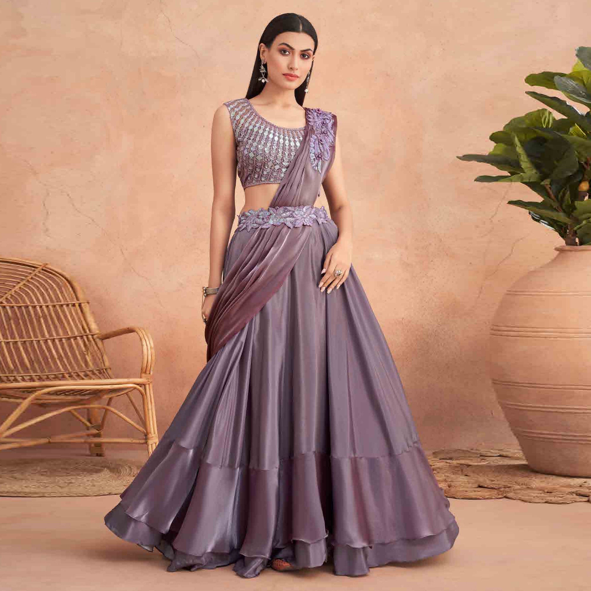 Peachmode Seller Mauve Sequins Embroidered Ready to Wear Art Silk Saree - view 2