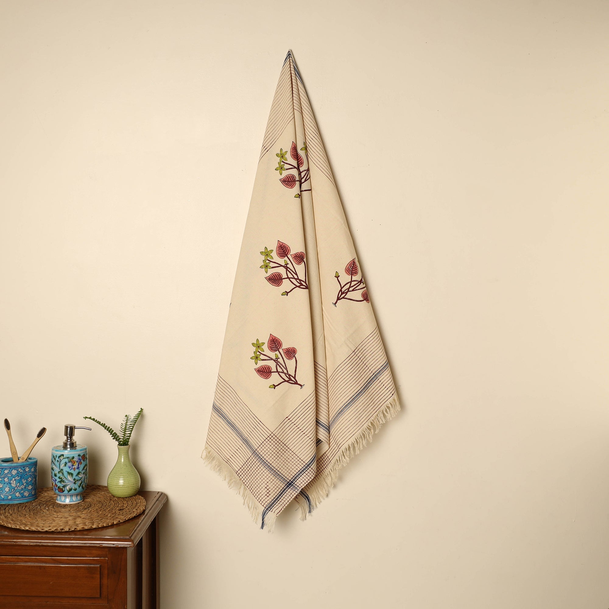 ARTISAN HAND BLOCK PRINTS Beige - Block Printed Handloom Cotton Sanganeri Towel 21