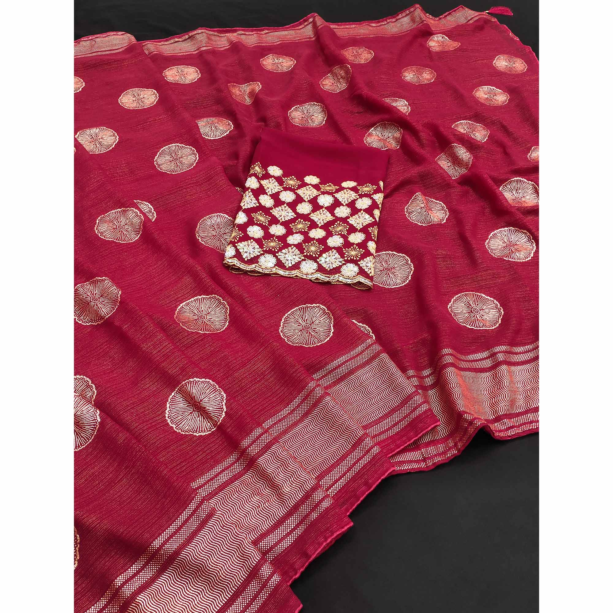 Peachmode Maroon Foil Printed Georgette Saree - view 3