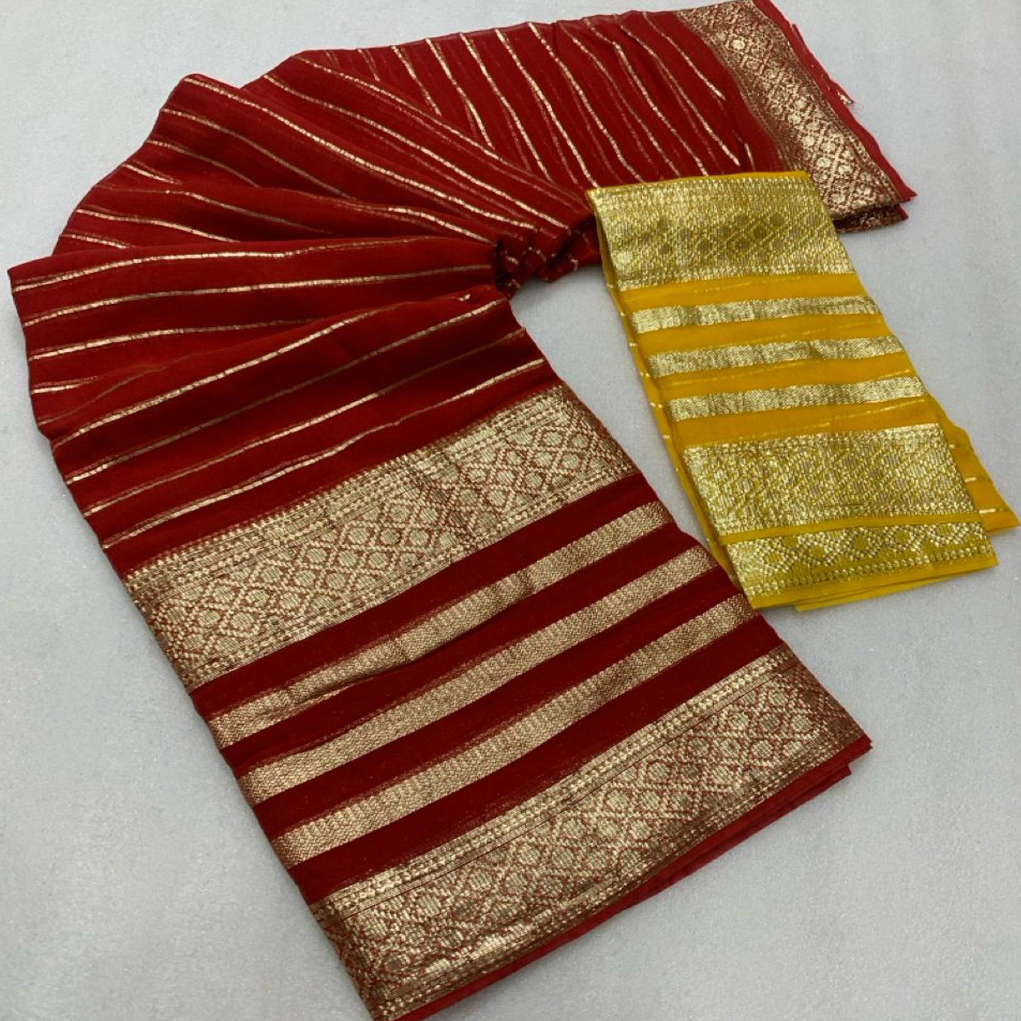 Peachmode Dark Red Striped Zari Woven Viscose Saree