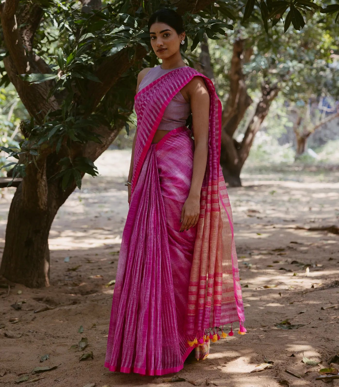RmKV Pink Handloom Linen Saree With Stripes – Women's