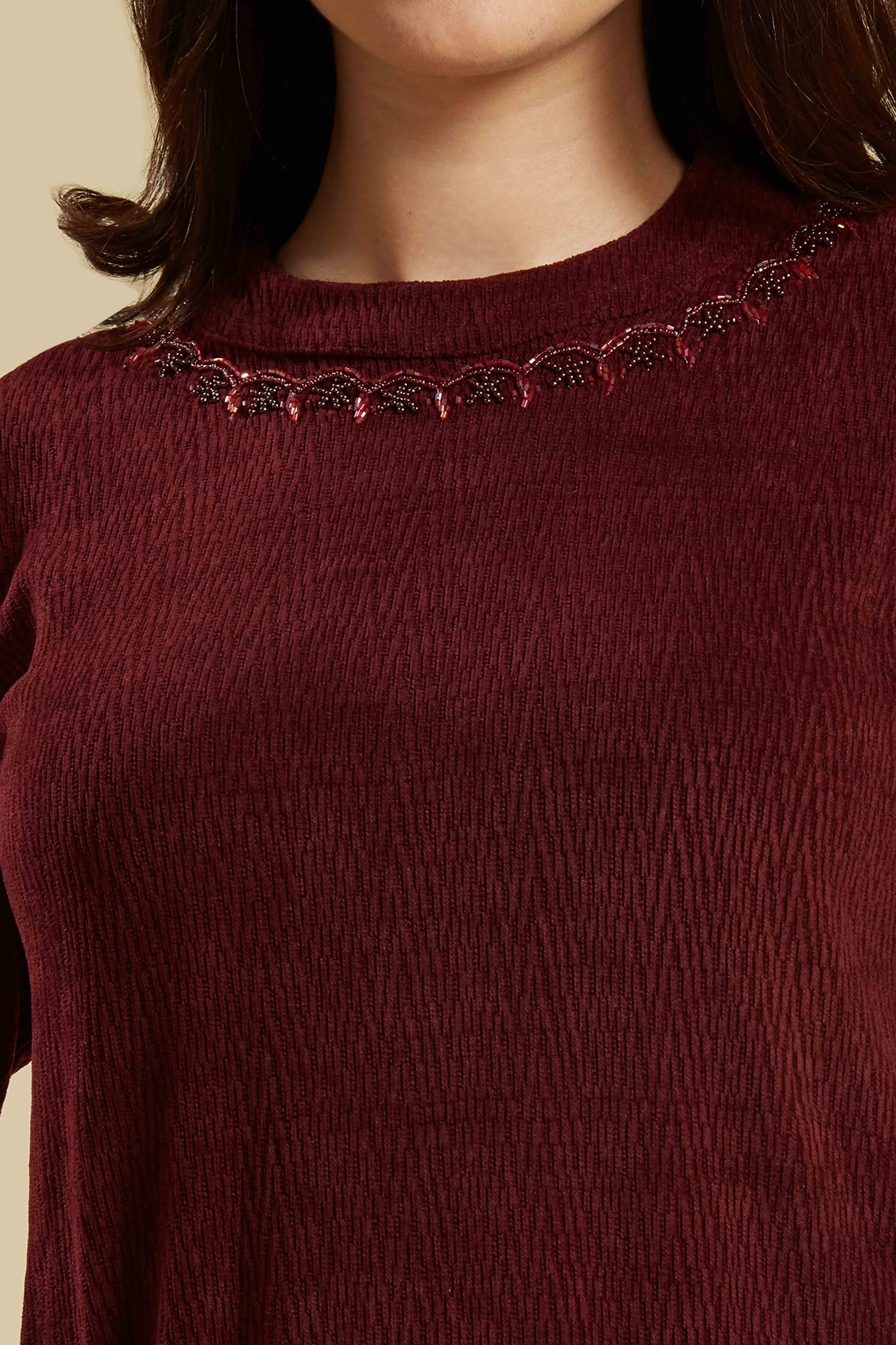 Peachmode Maroon Woven Woolen A-Line Top Bottom Set - view 2