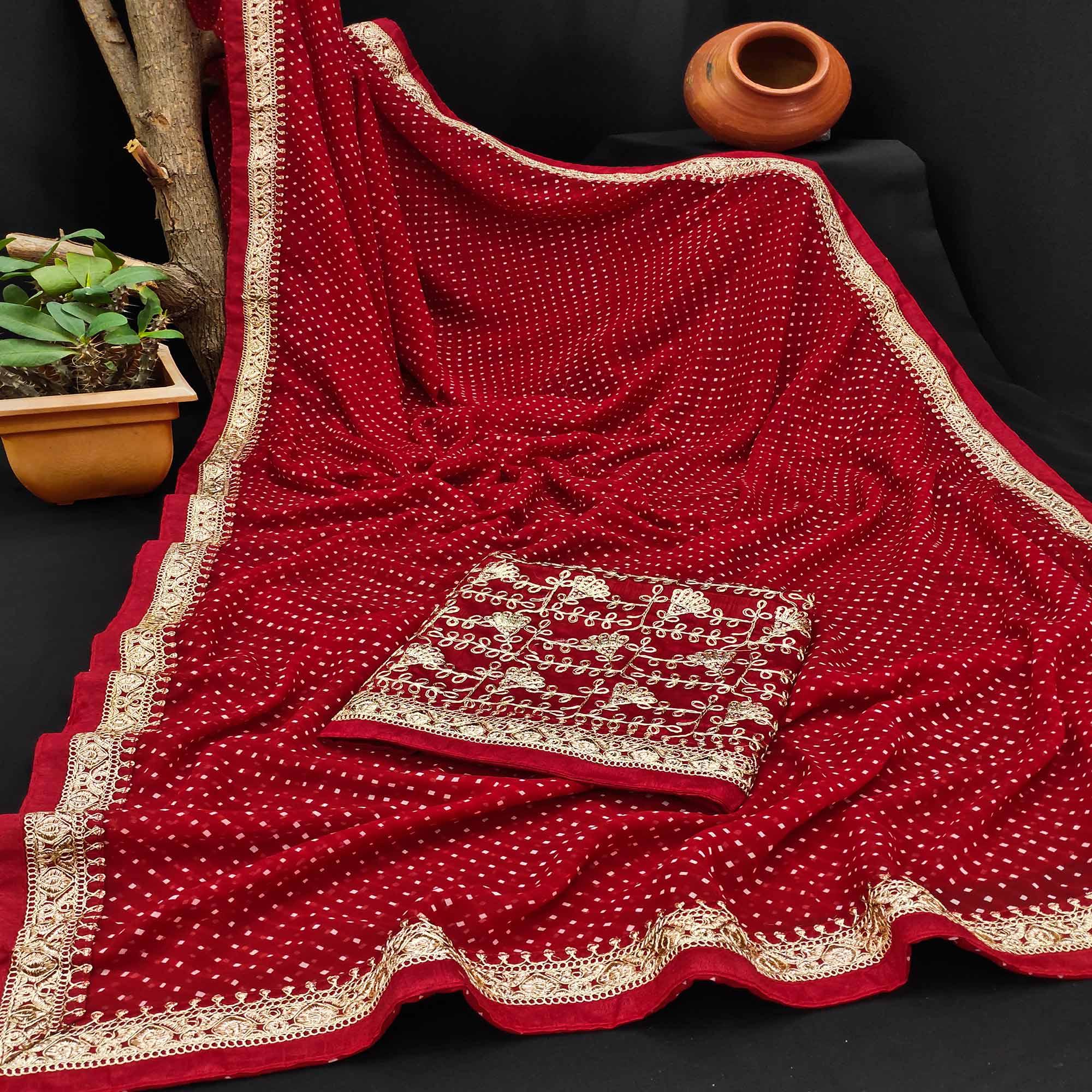 Peachmode Dark Red Festive Wear Printed With Lace Border Georgette Saree