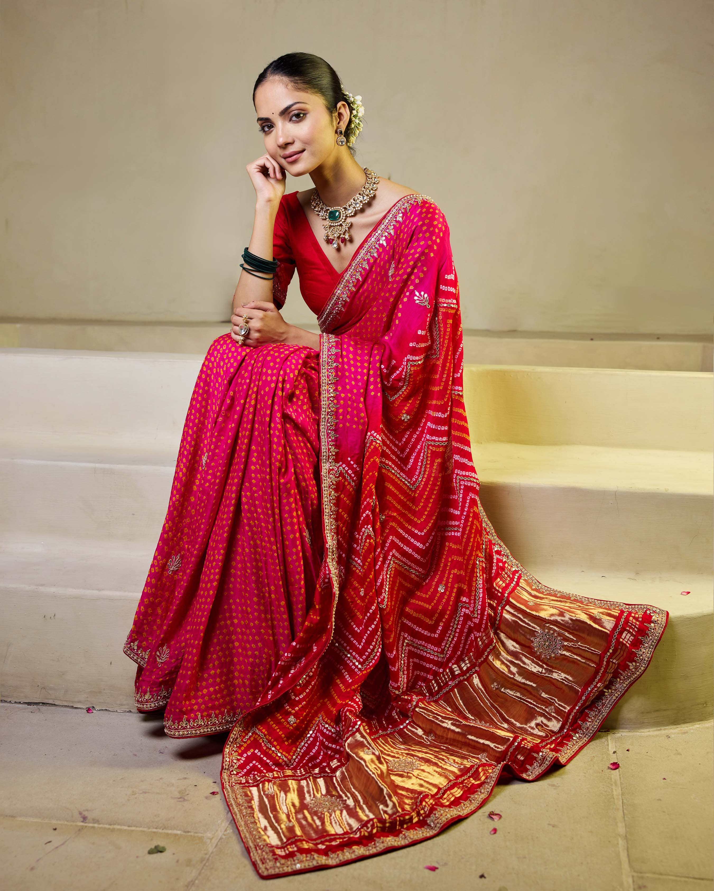 Aachho Whimisical Red-Pink Silk Bandhani Saree