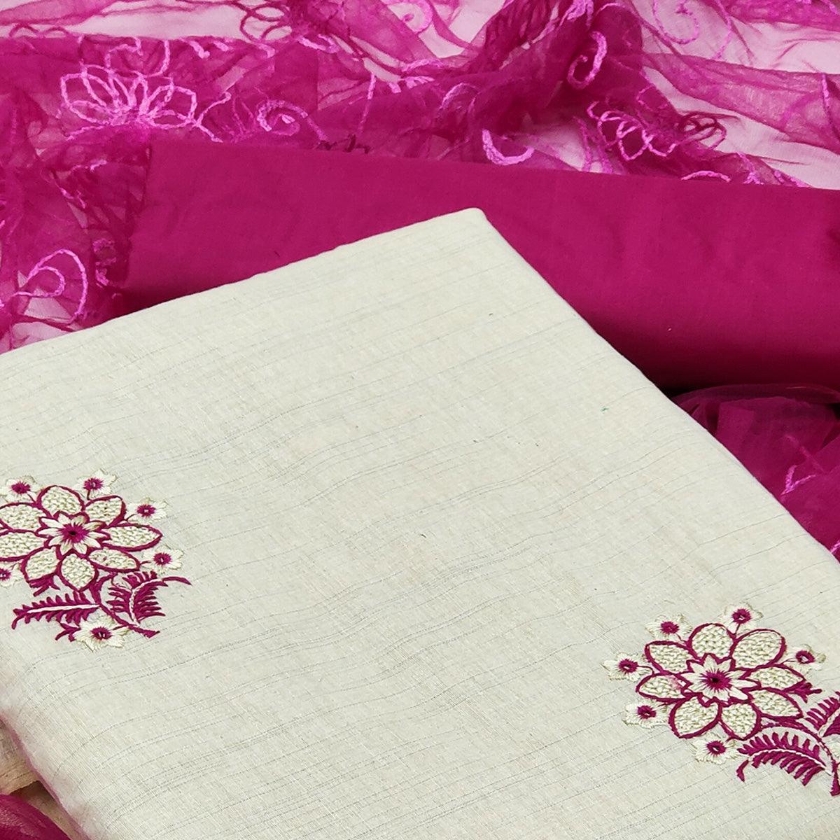 Peachmode Cream - Pink Casual Wear Floral Embroidered Cotton Dress Material - view 2