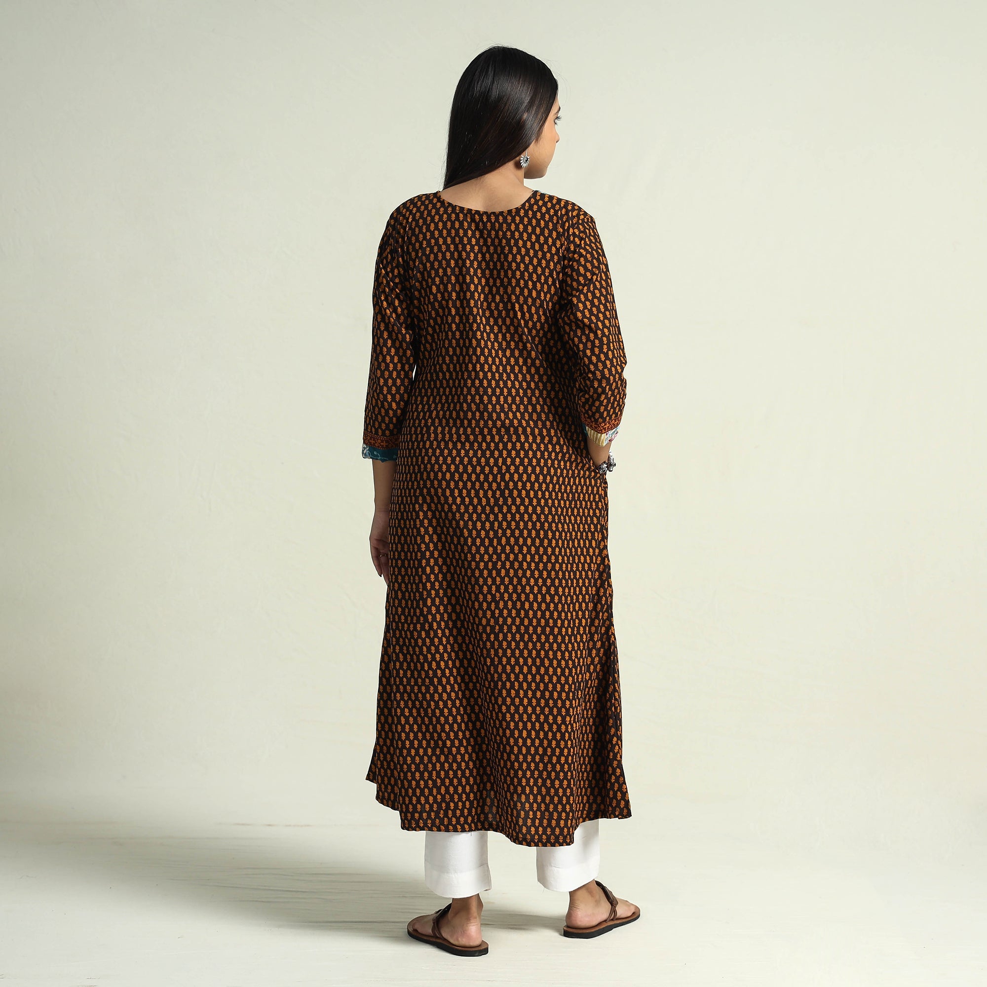 ITOKRI CASUALS Brown - Block Print Cotton Patchwork A-Line Bagh Kurta - view 6