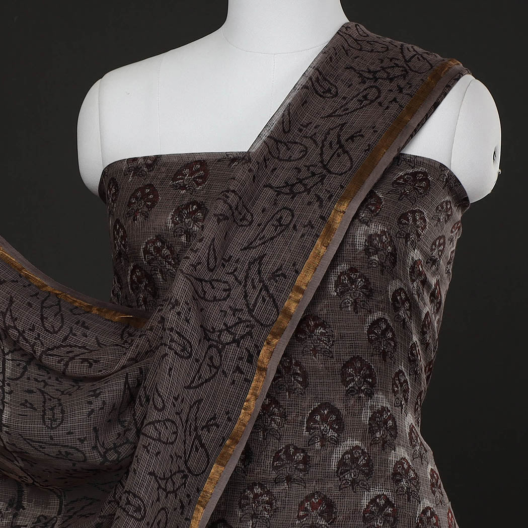 ARTISAN HAND BLOCK PRINTS Brown - 3pc Jahota Block Printed Kota Doria Suit Material Set - view 3