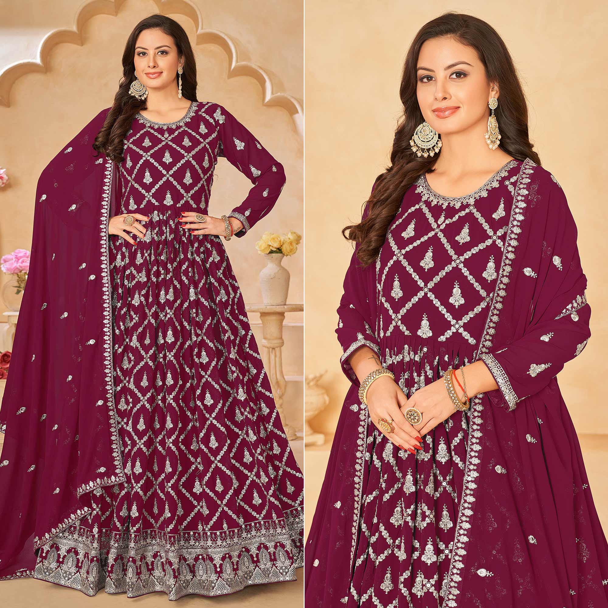 Peachmode Dark Magenta Floral Embroidered Georgette Semi Stitched Anarkali Suit