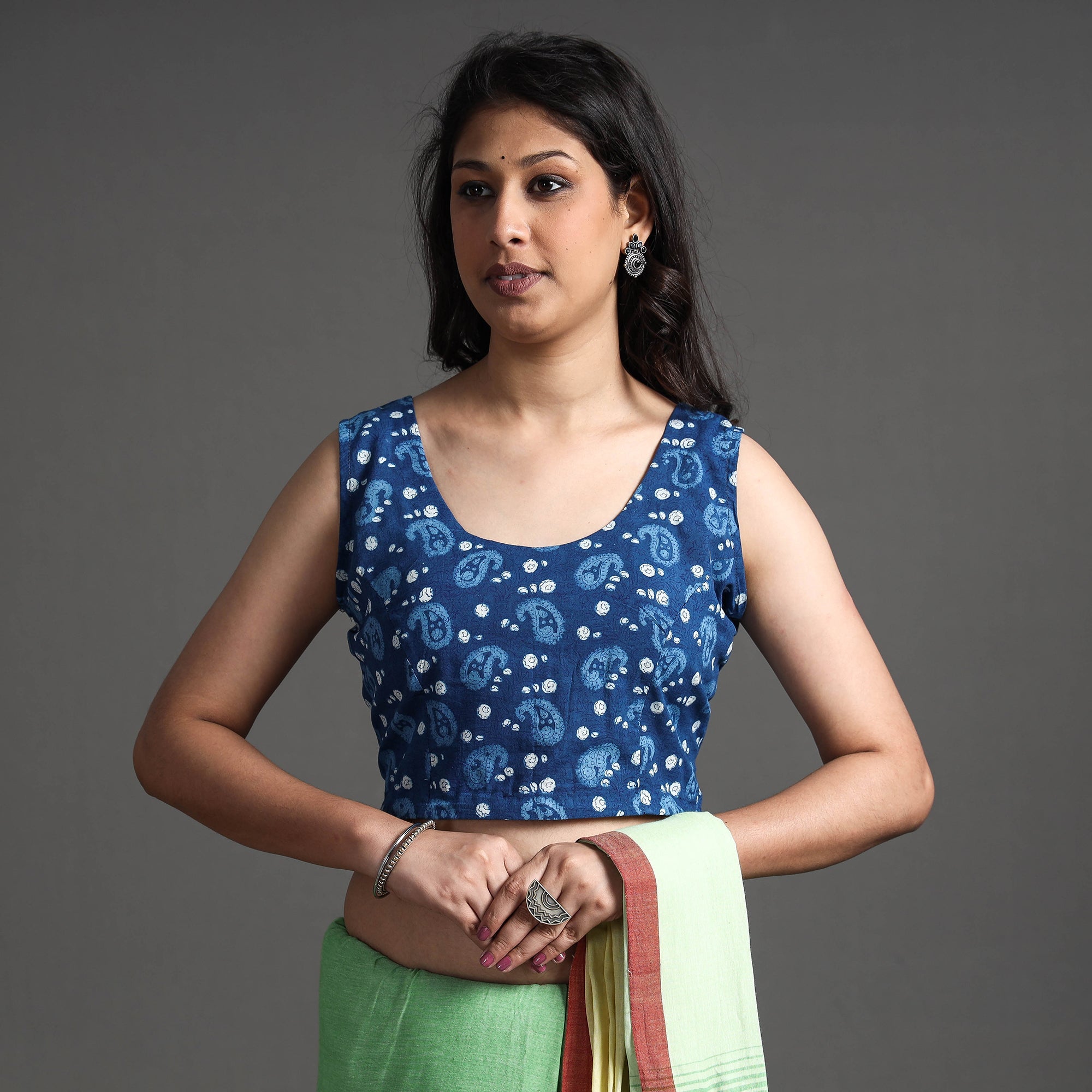 ITOKRI CASUALS Blue - Bagru Dabu Block Printed Cotton Stitched Sleeveless Blouse - view 2