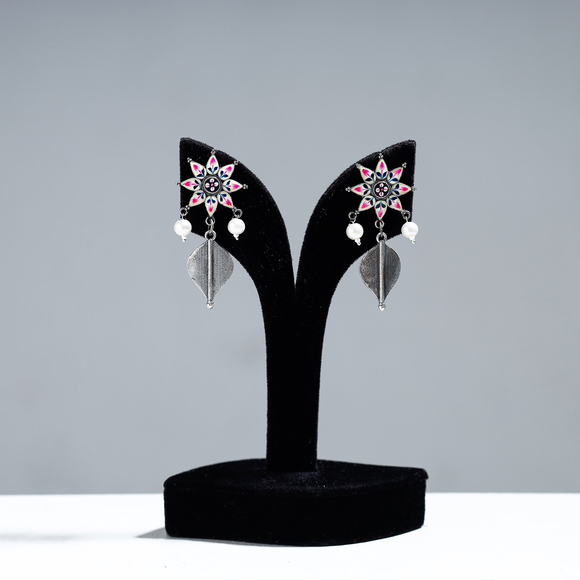 WHITE RIVER STORIES Antique Silver Finish Oxidised Brass Base Enamel Work Earrings