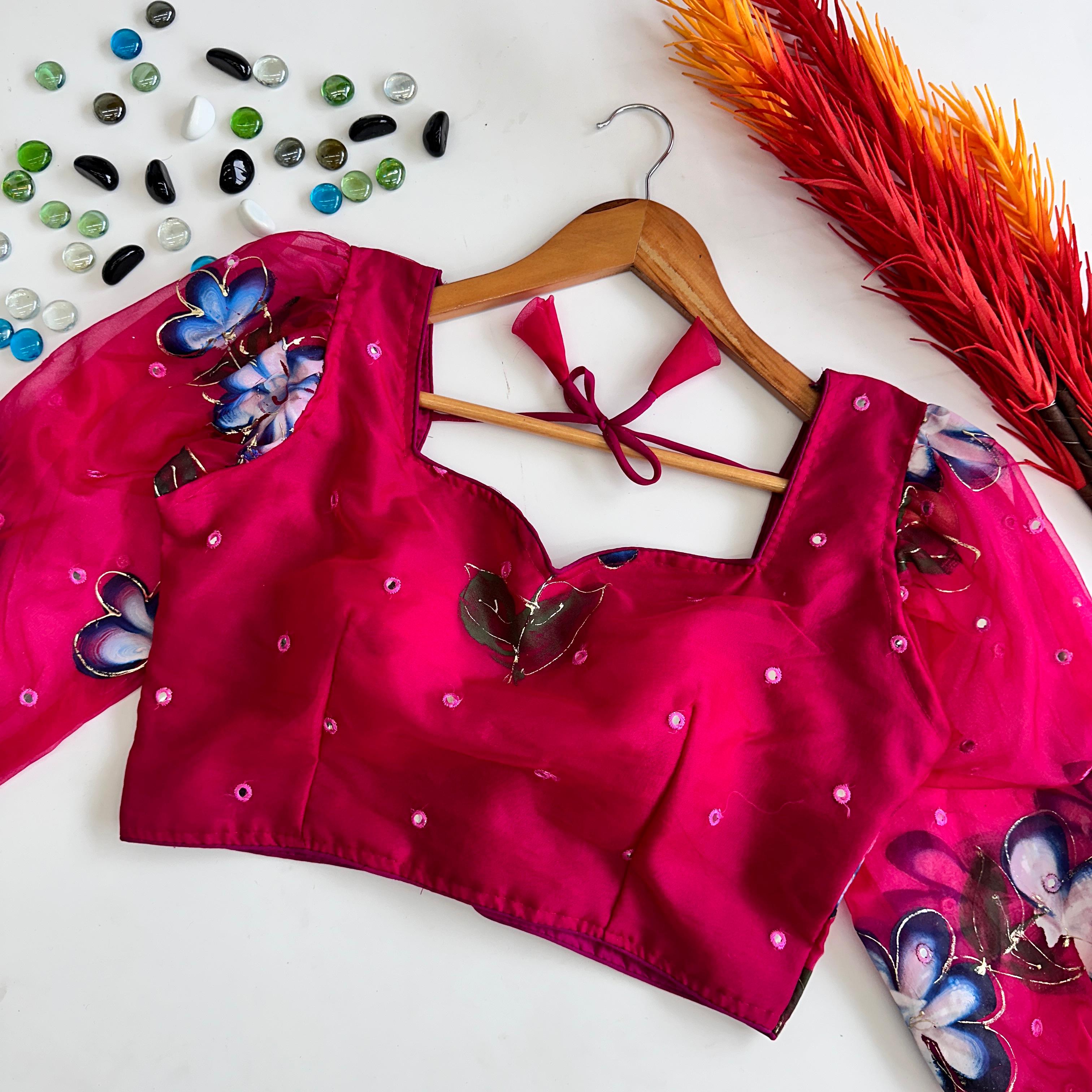ClothsVilla Pink Hand-Painted Organza Silk Blouse with Embroidery Accents - view 2