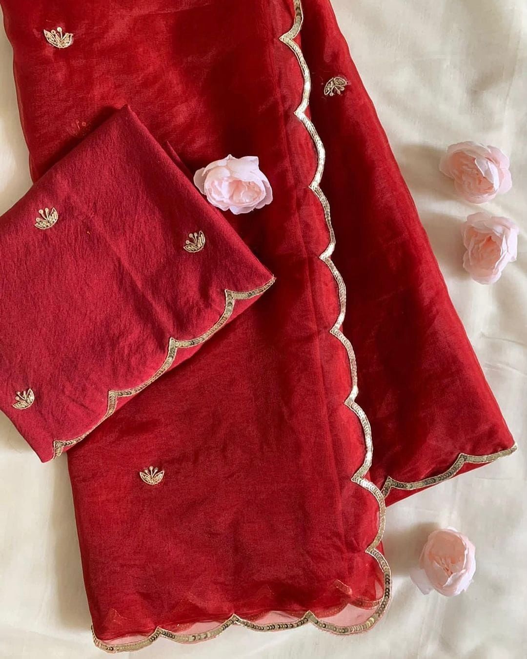 ClothsVilla Red Semi-Pure Organza Saree with Exquisite Handwork – Paired with Silk Blouse Featuring Handwork