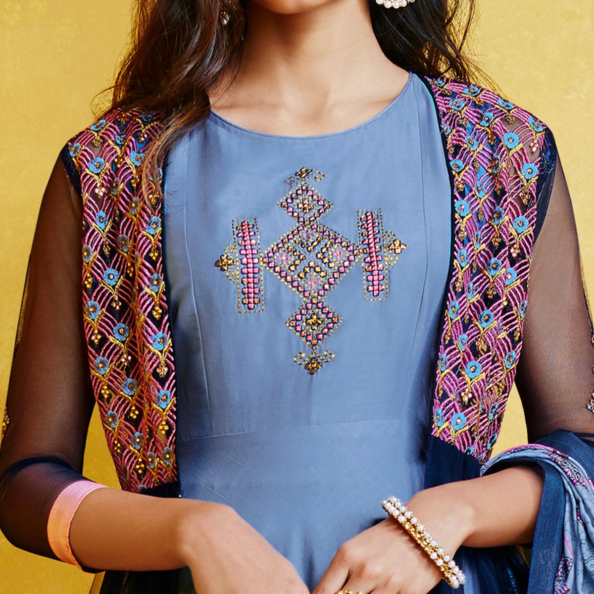 Peachmode Seller Imposing Blue Colored Partywear Embroidered Muslin Palazzo Suit - view 3