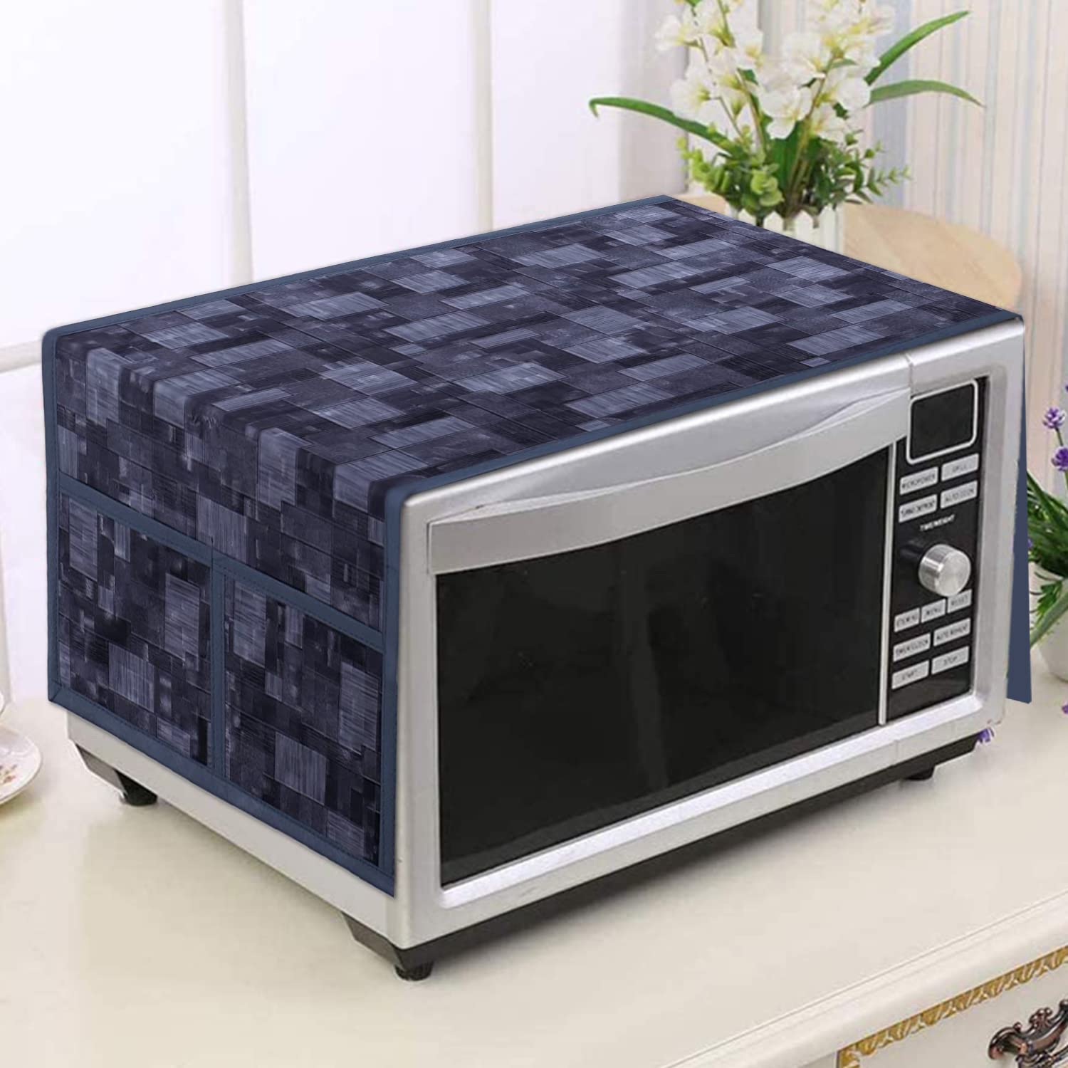 Kuber Industries Wooden Check Printed PVC Microwave Oven Top Dust Oil Proof Cover, Protective Cover with 4 Utility Pockets (Grey) - view 3