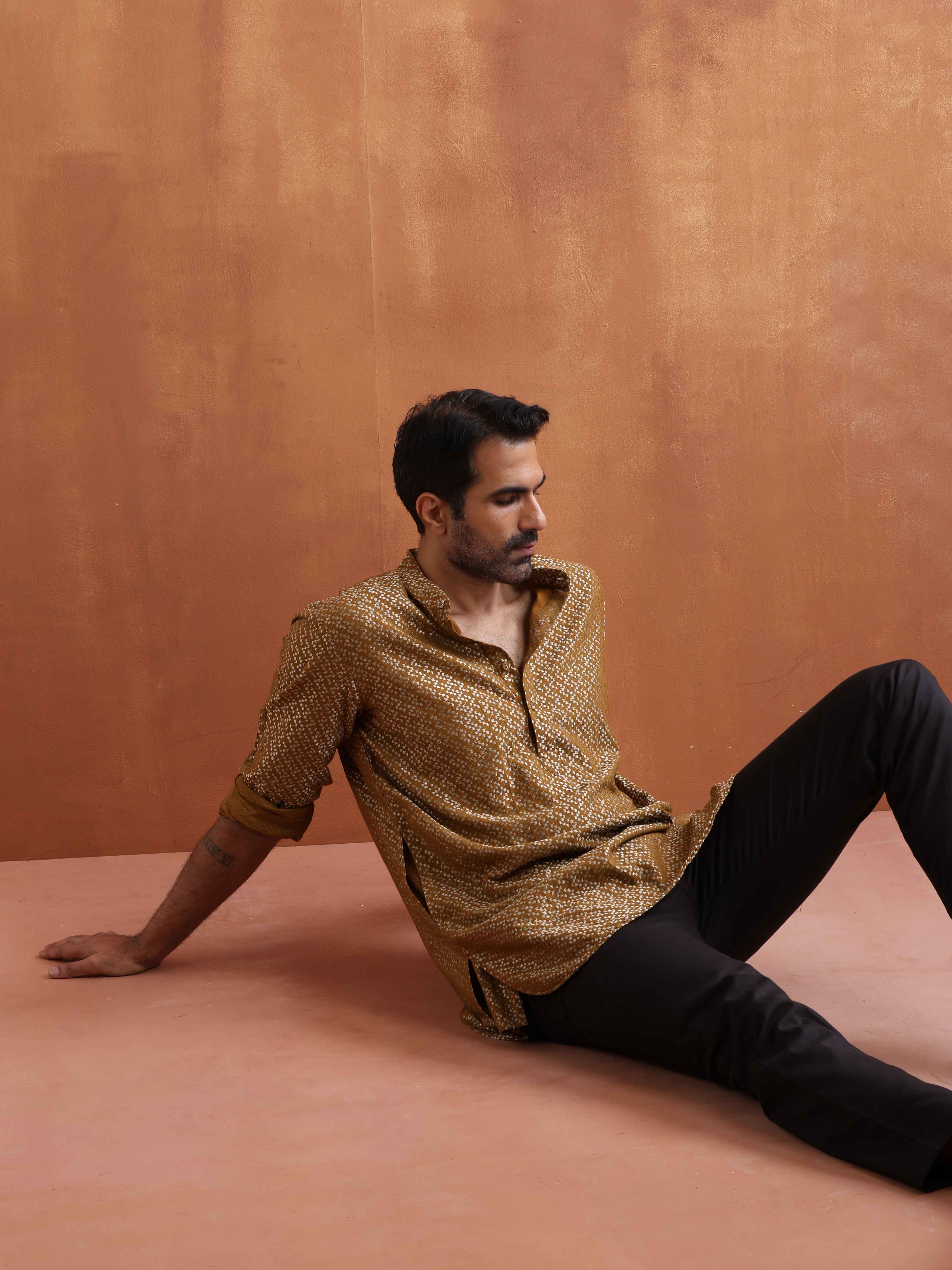 trueBrowns Men's Mustard Cotton Dobby Short Kurta - view 9