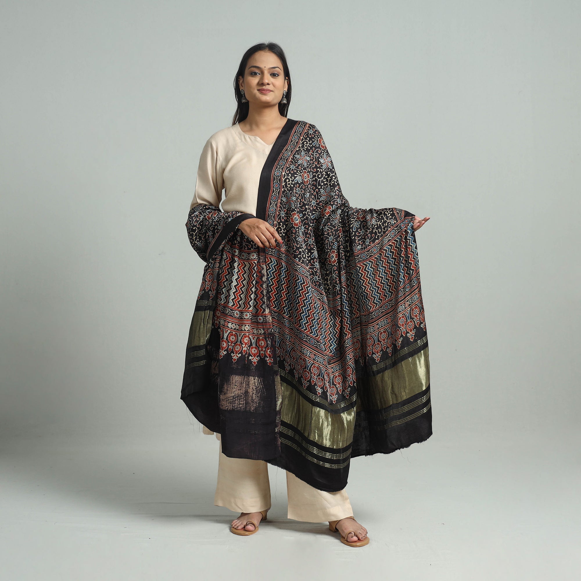 KACHCHH JI CHHAAP Black - Modal Silk Block Print Ajrakh Dupatta 77