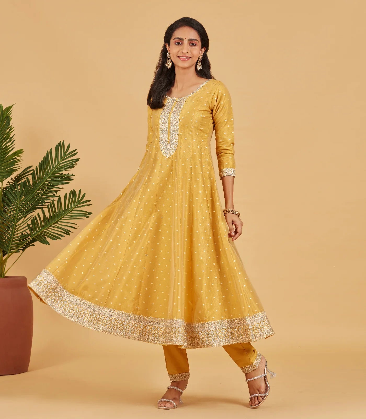 RmKV Silks Yellow Anarkali Set With Matching Dupatta