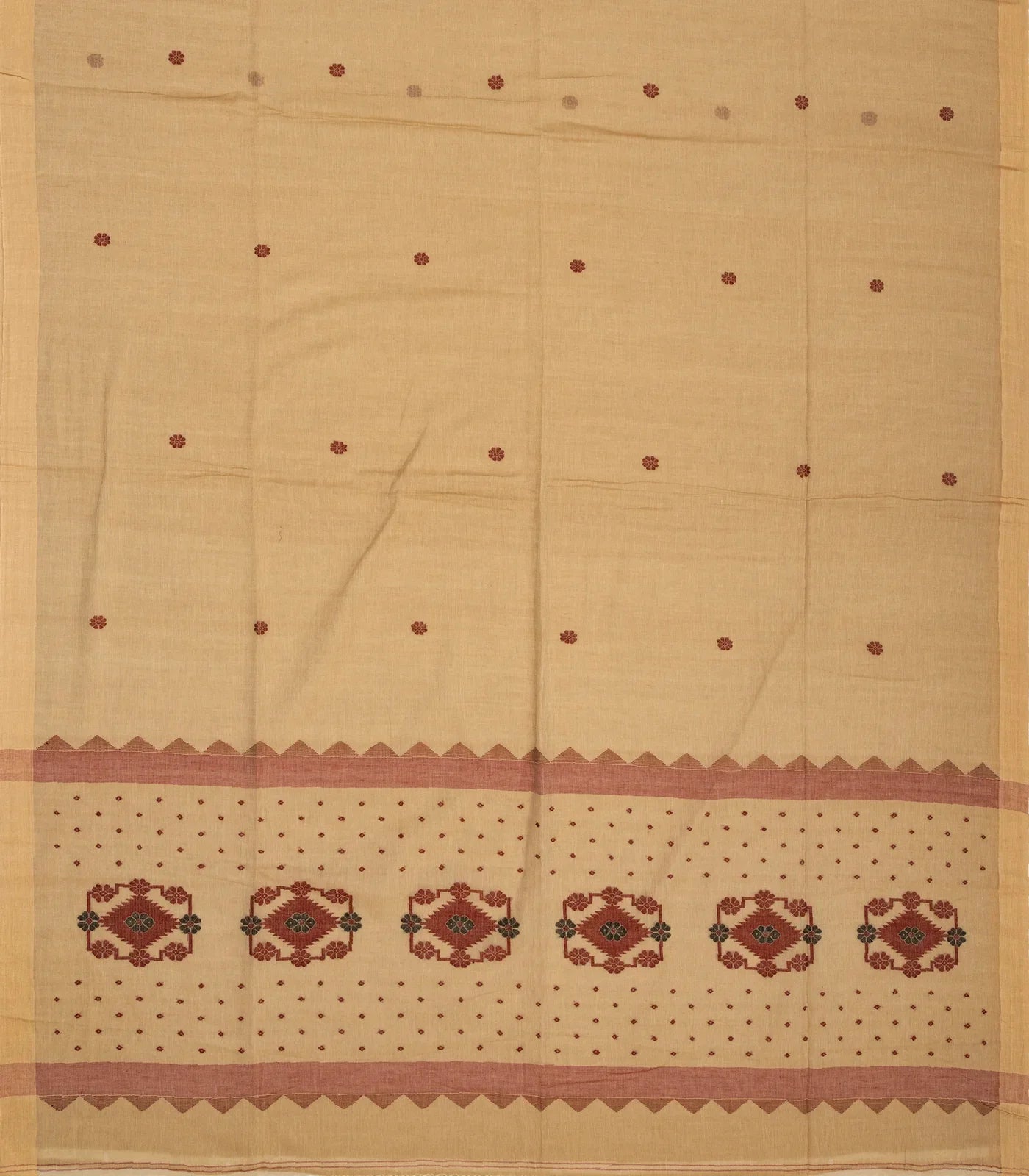RmKV Beige Handloom Bengal Cotton Saree With Kamalam Buttas - view 2