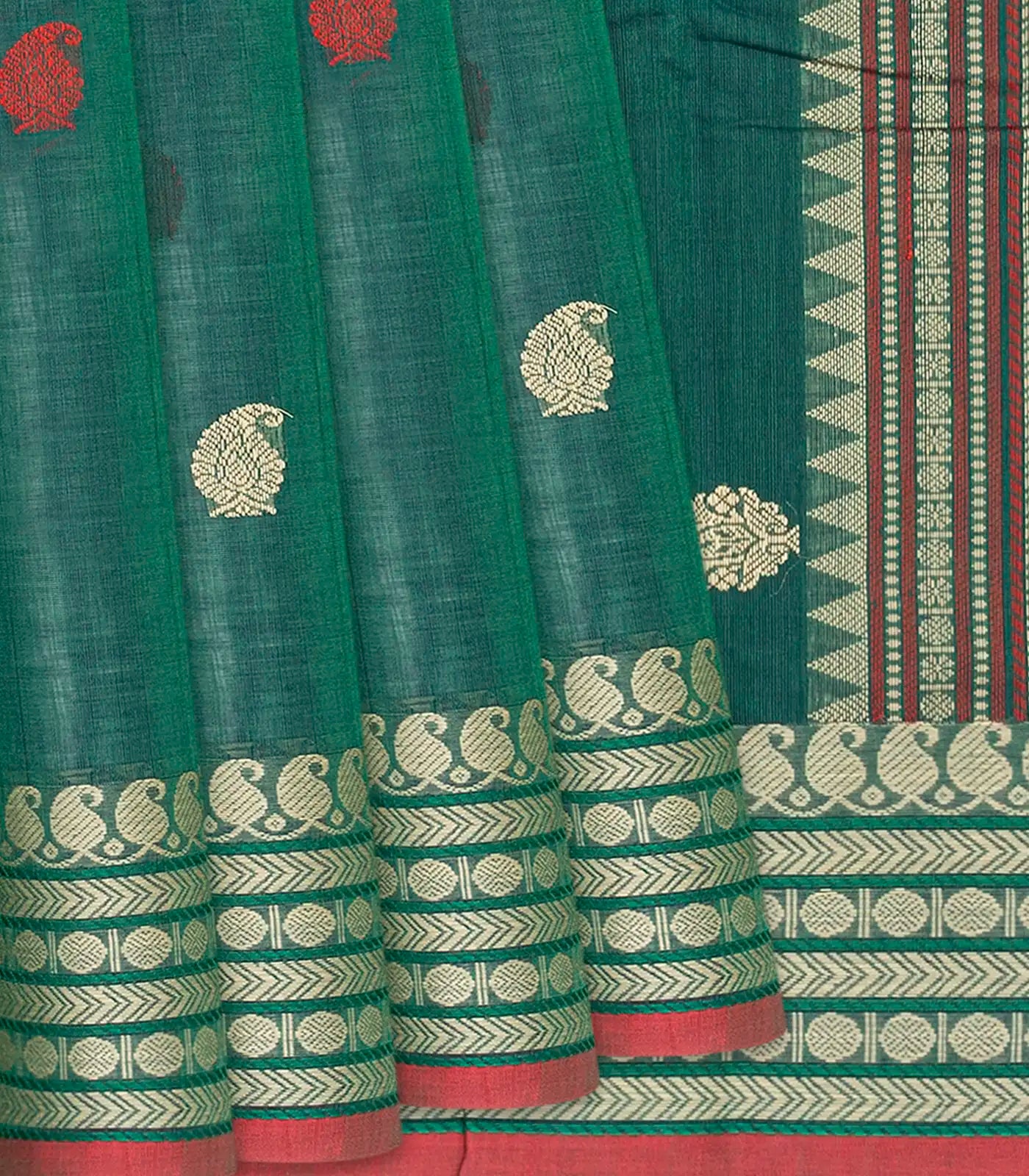 RmKV Sea Green Handloom Kanchi Cotton Saree With Mango Buttas-Sea Green