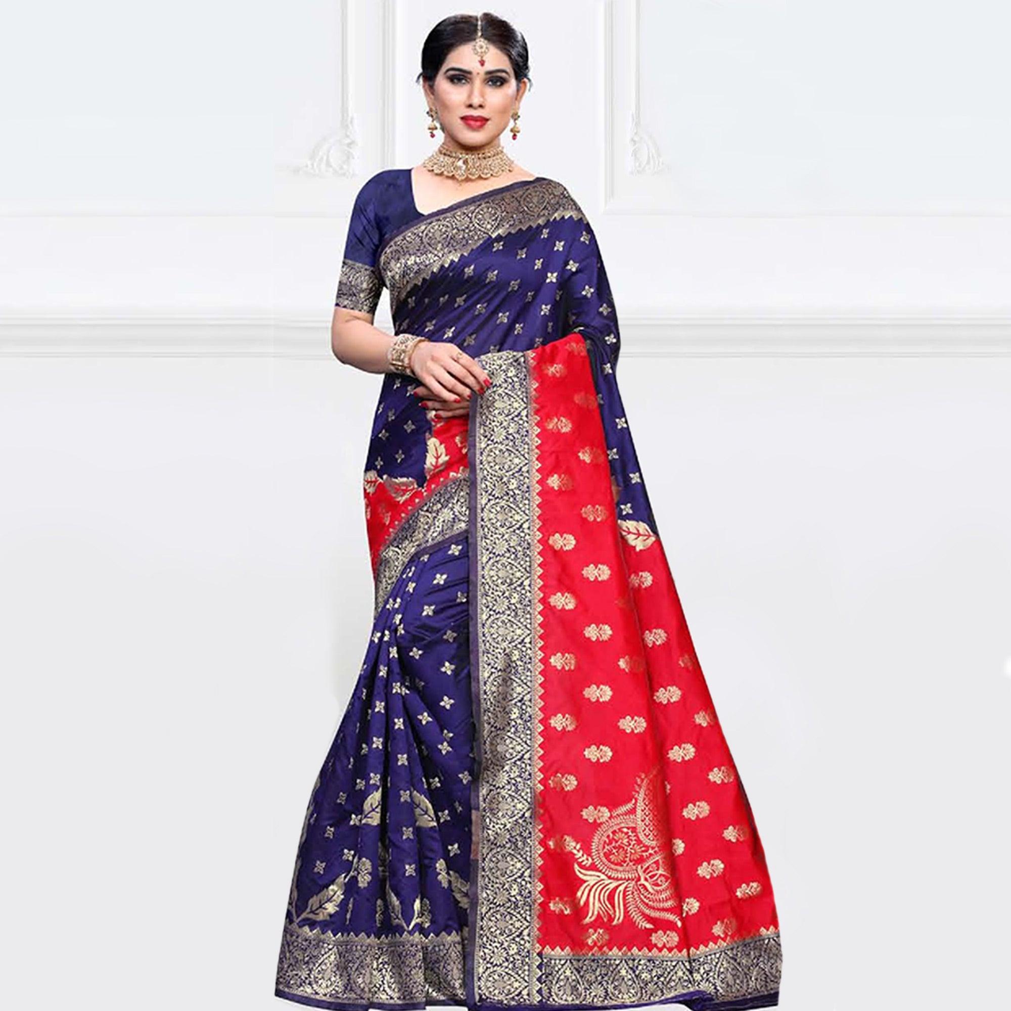 Peachmode Energetic Navy Blue - Red Colored Festive Wear Woven Art Silk Saree
