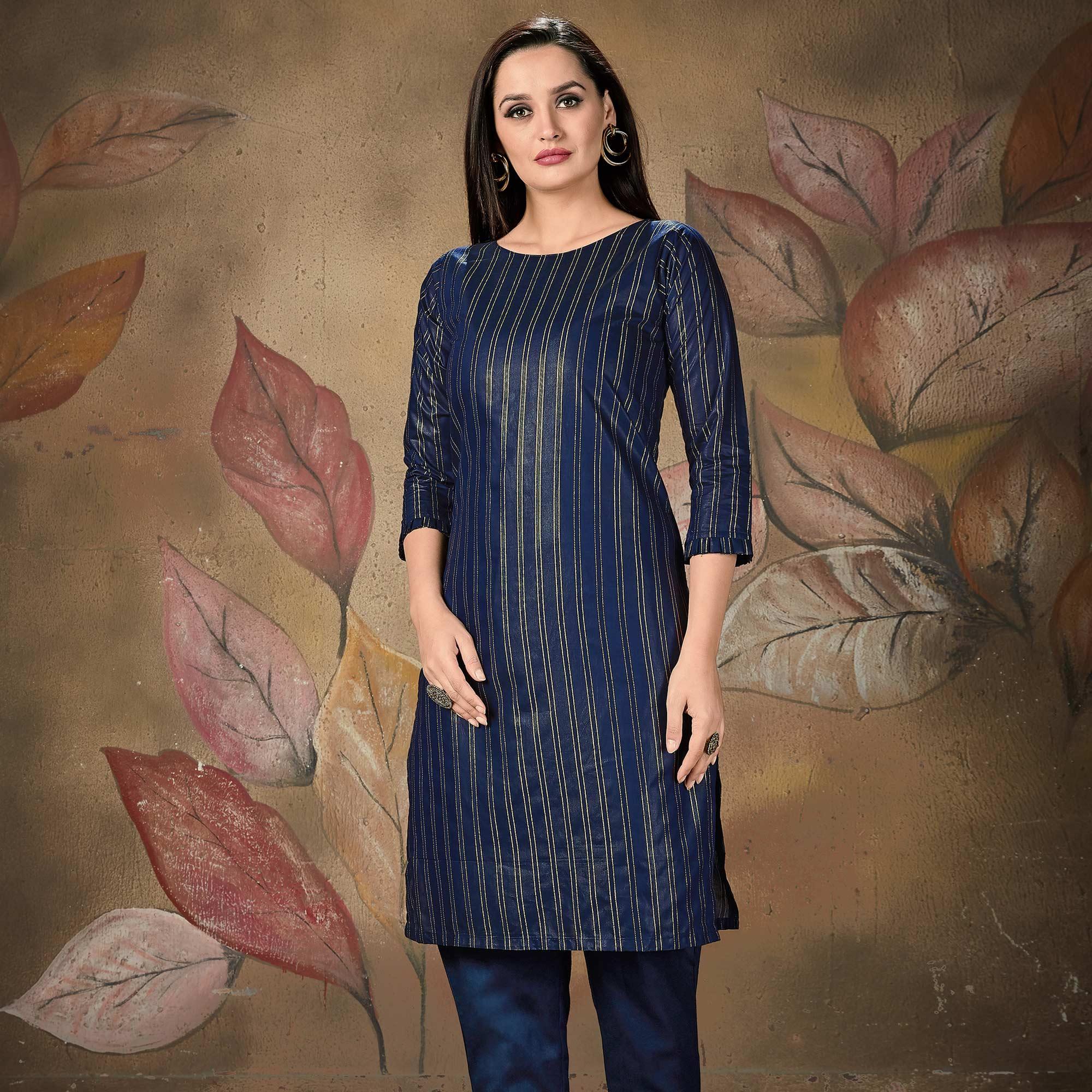Peachmode Seller Ideal Navy Blue Colored Casual Wear Printed Cotton Kurti