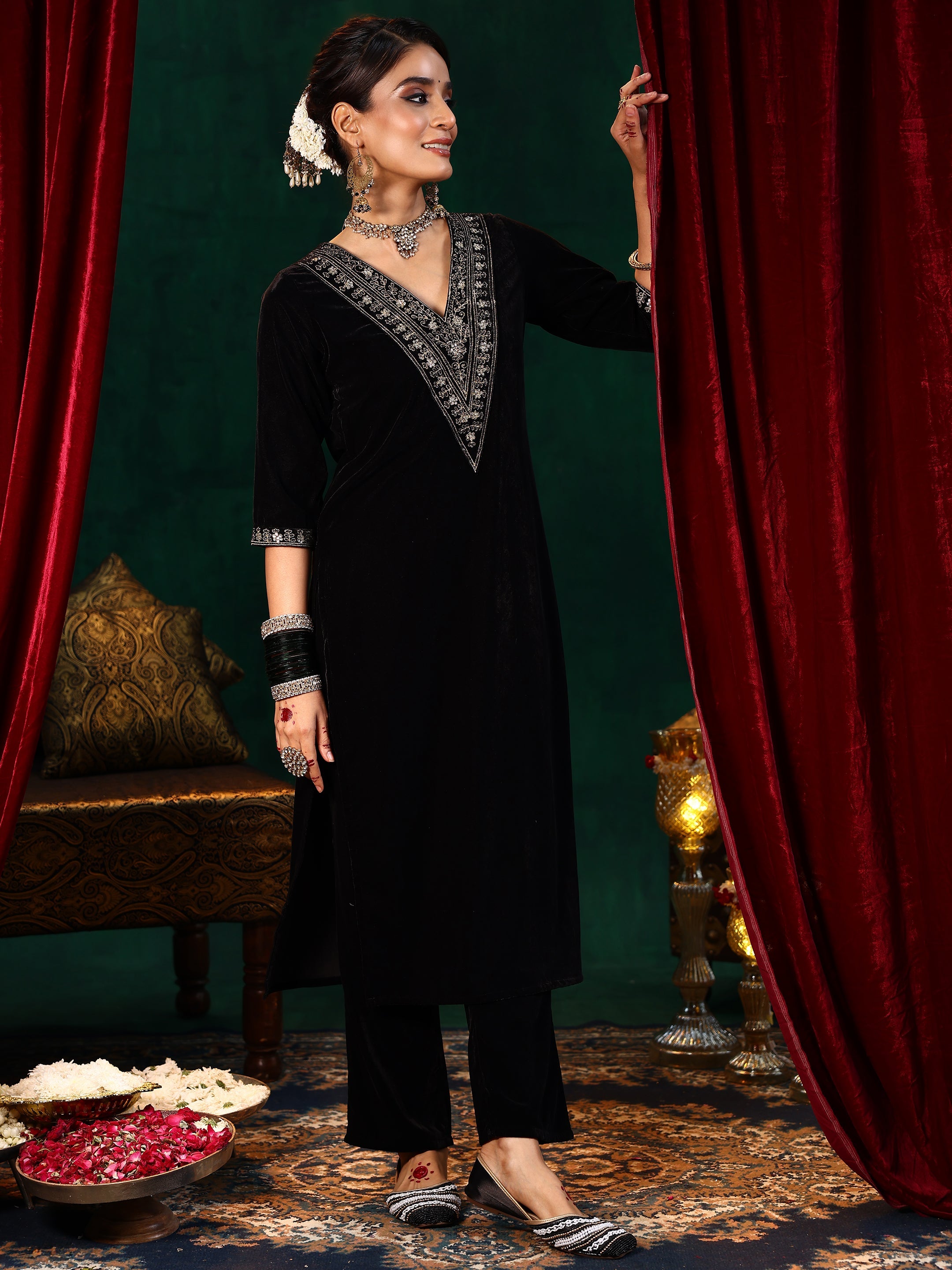 Libas Black Yoke Design Velvet Straight Suit With Dupatta - view 3