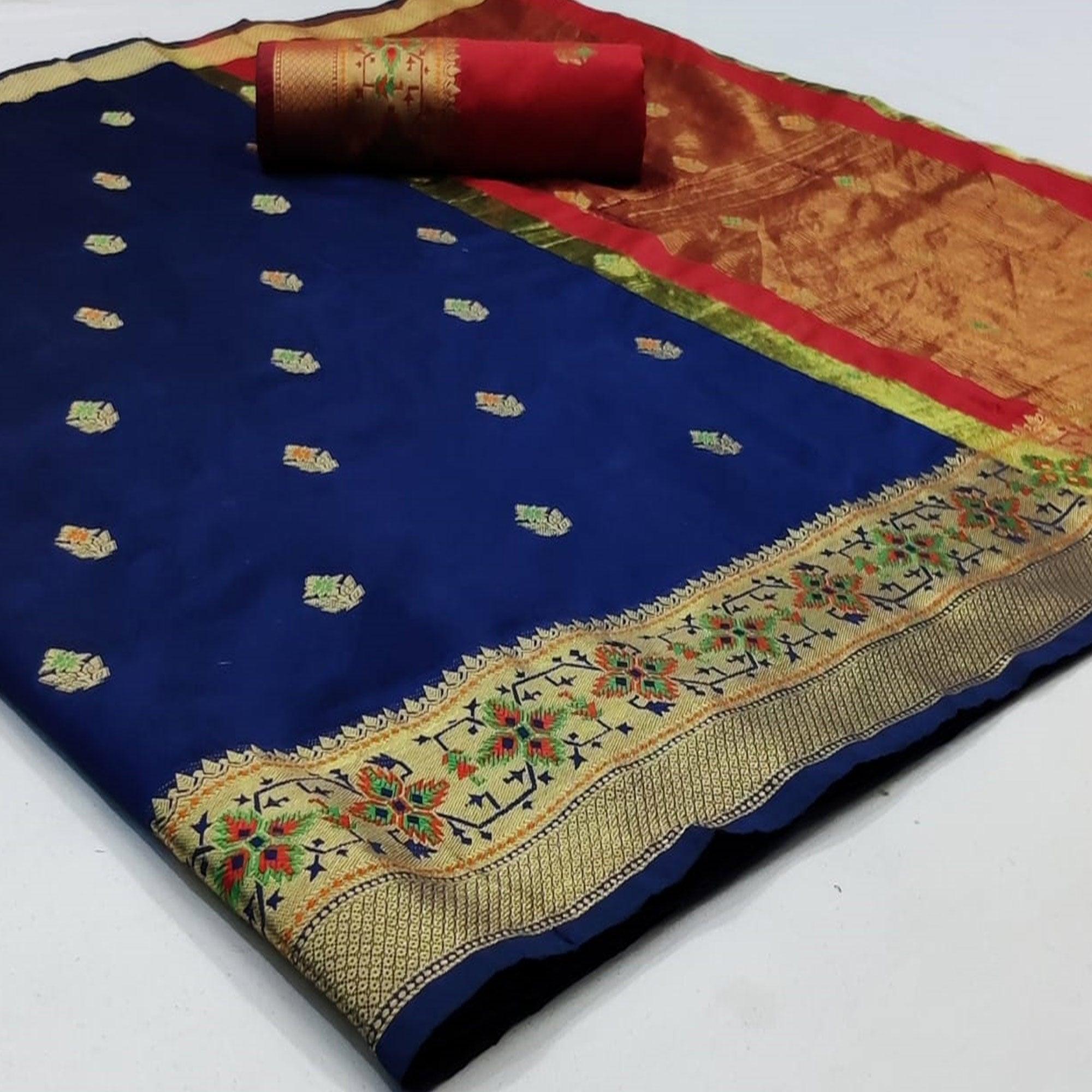 Peachmode Eye-catching Navy Blue Colored Festive Wear Woven Silk Saree