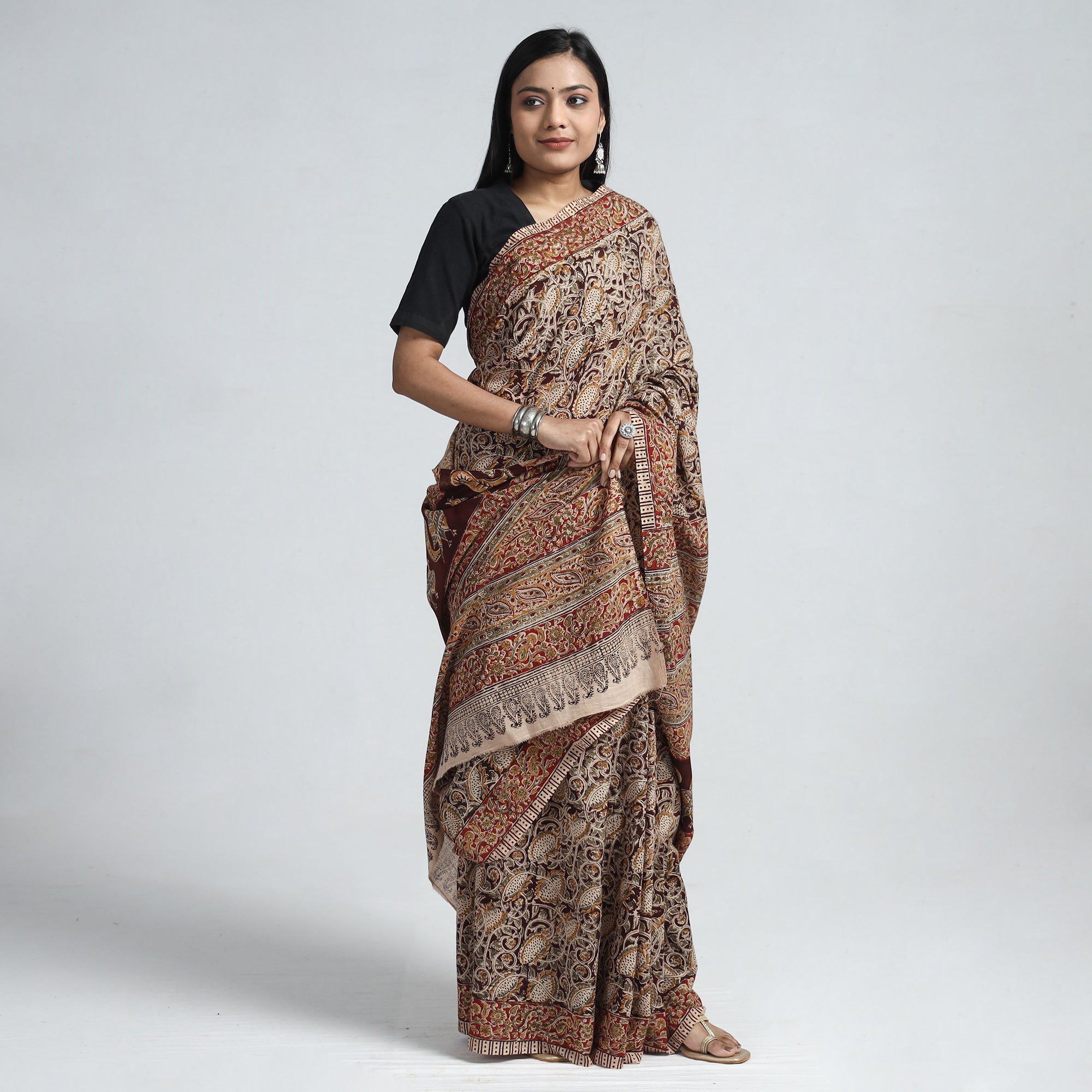 VENKATA BHANU KALAMKARI PEDANA Brown - Pedana Block Print Cotton Kalamkari Saree