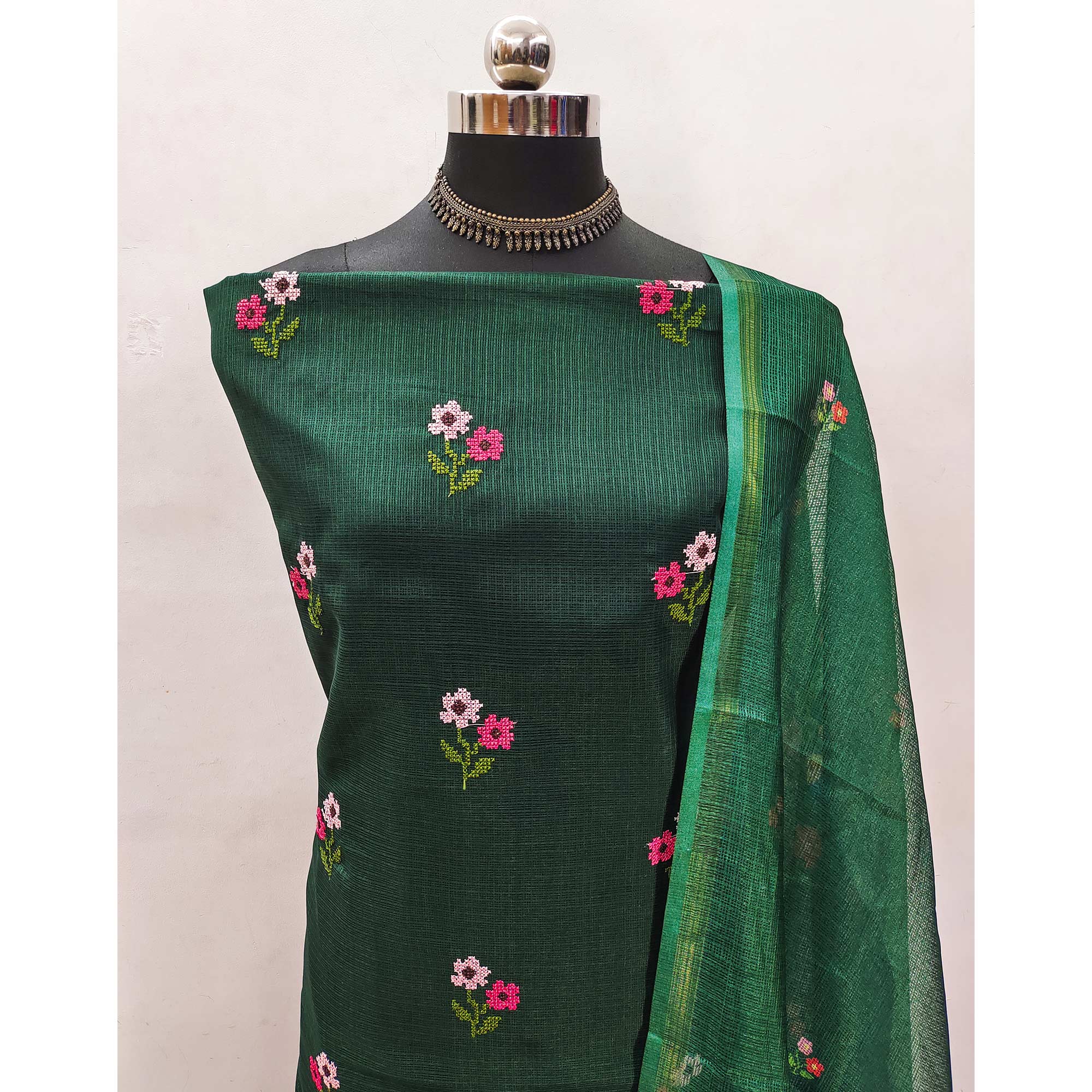Peachmode Dark Green Floral Embroidered Kota Doria Dress Material - view 4