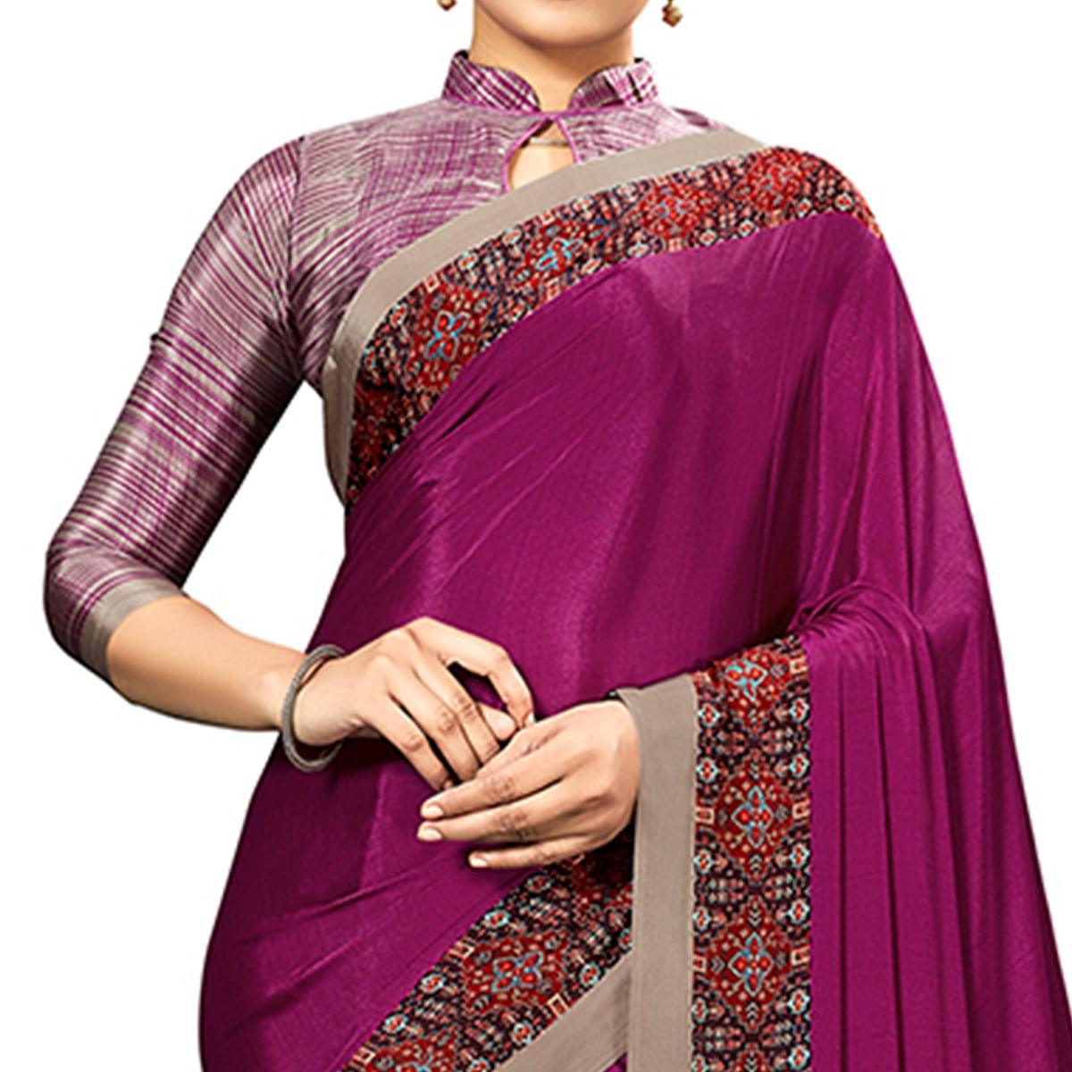 Peachmode Eye-catching Wine Colored Casual Wear Printed Crepe Saree - view 2