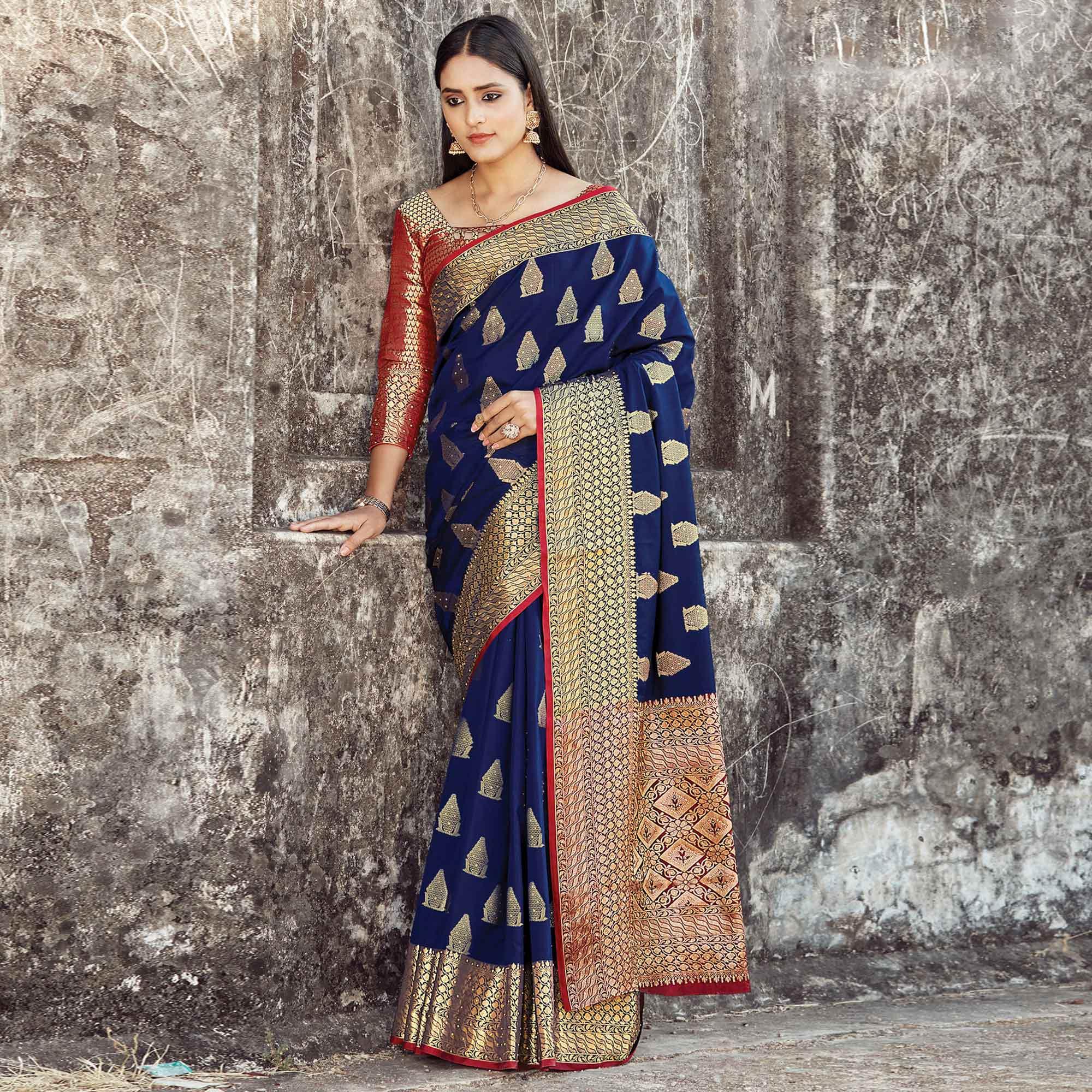 Navy sarees – BlackTree graceful-navy-blue-colored-festive-wear-woven-silk-saree-94384