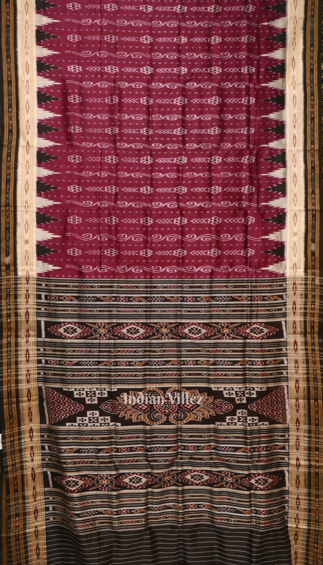 IndianVillèz Maroon Phoda Kumbha Odisha Ikat Khandua Silk Saree