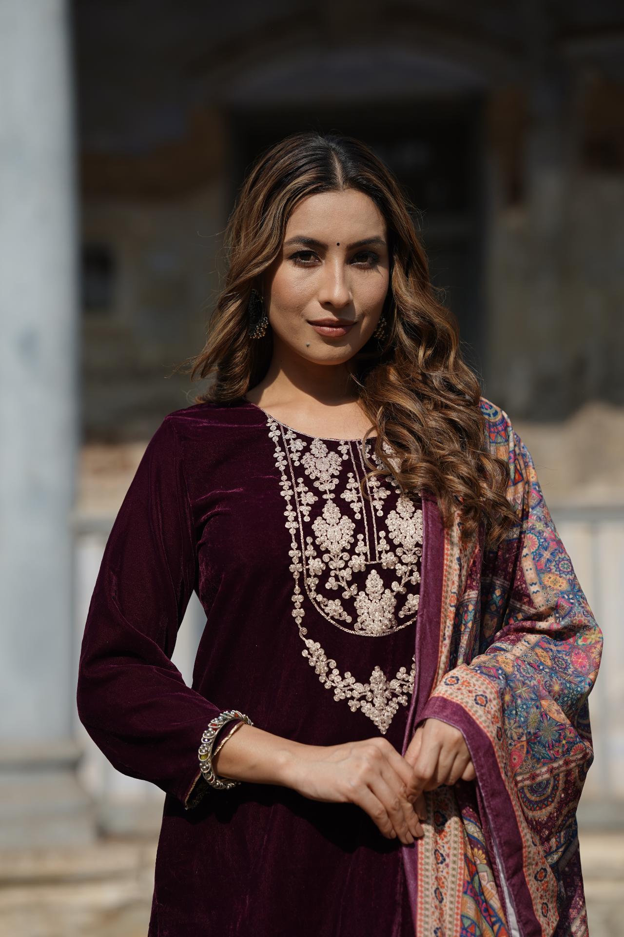 Ahika Burgundy Velvet Straight Kurta Pant With Dupatta PKSKD1766
