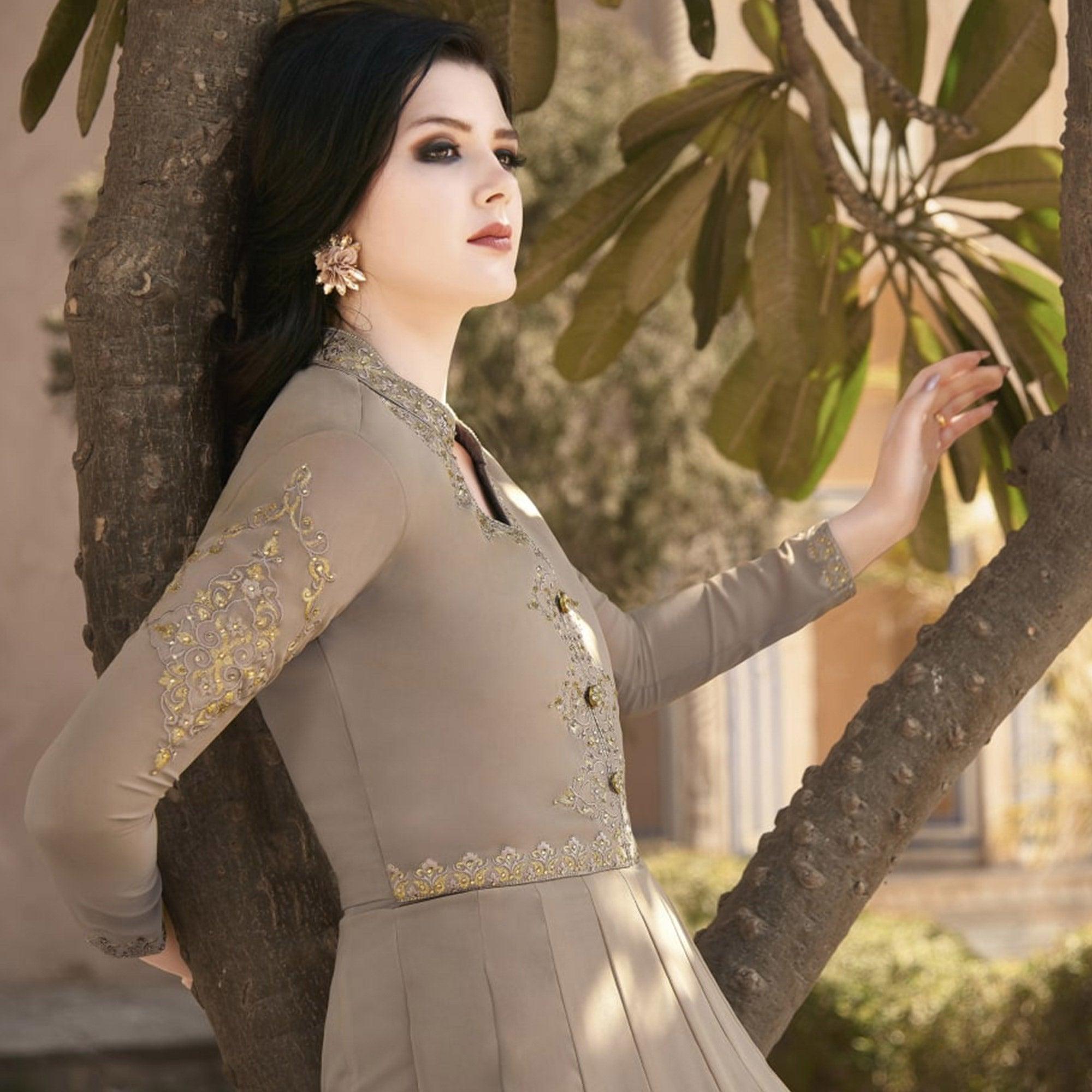 Peachmode Brown Partywear Embroidered Soft Georgette Suit - view 3