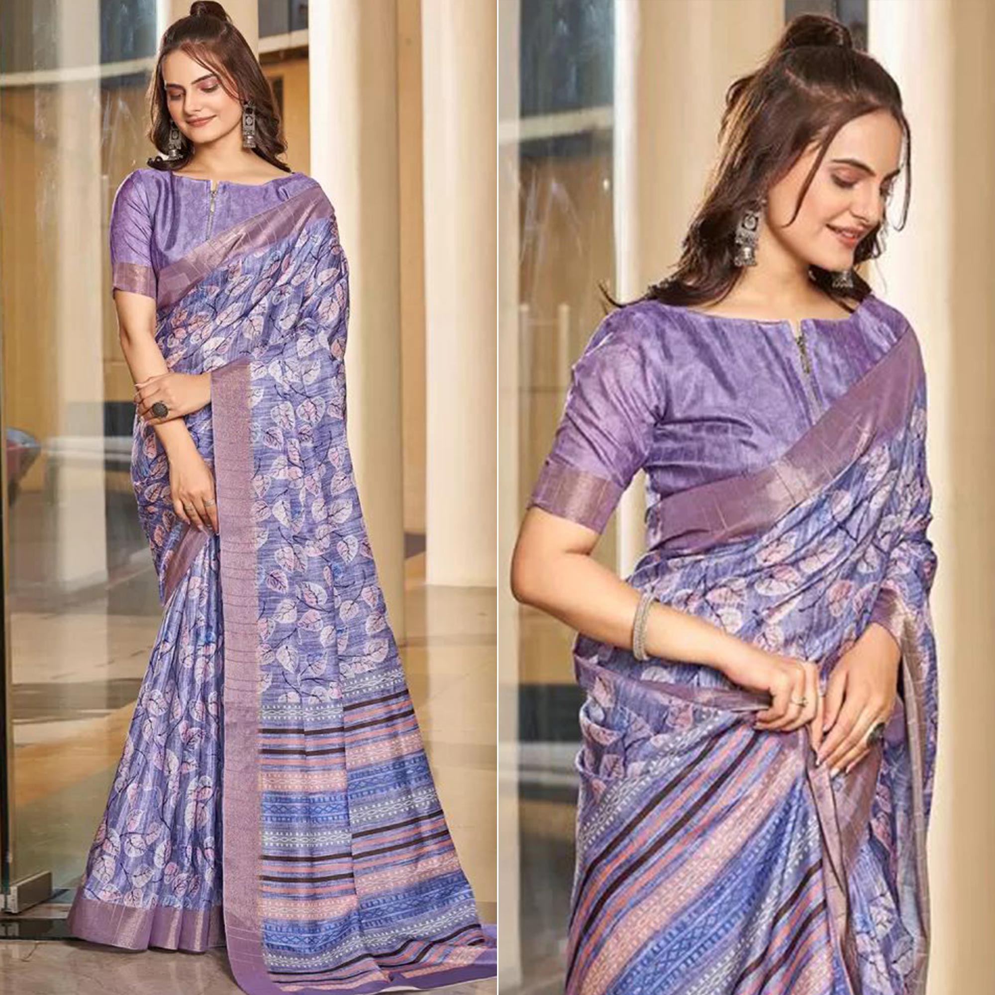 Peachmode Lavender Floral Digital Printed Tussar Silk Saree